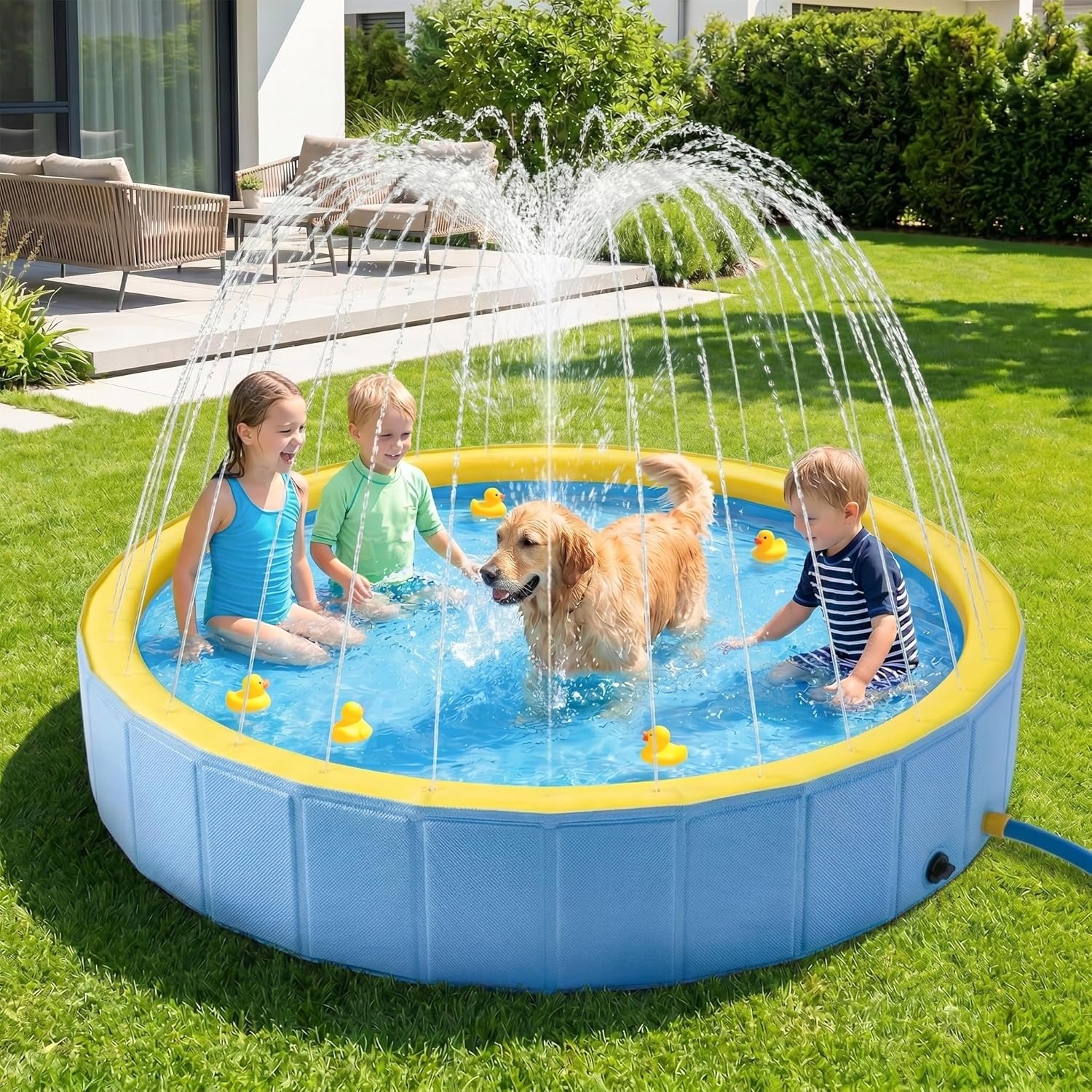 Foldable Dog Pool with Sprinkler, Ideal Splash for Kids and Dogs, Large 48” Splash Pad Hard Plastic Kiddie Pools Non Slip Portable Dog Swimming Pool for Outdoor Backyard