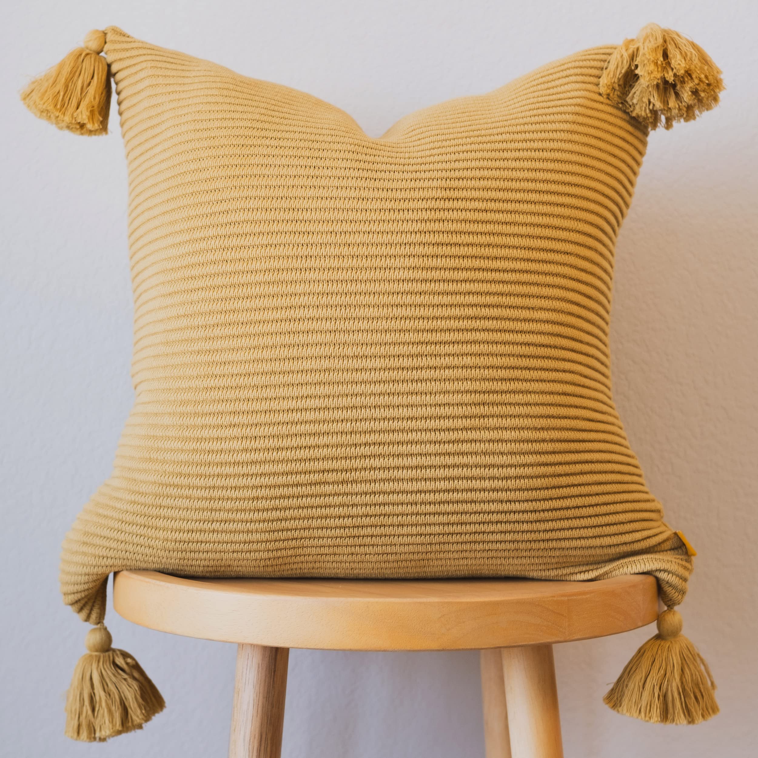 Lumi Living 100% Soft Cotton Raised Stripes Textured Rib Knit Throw Pillow Cover with Tassels (18x18, Muted Mustard Yellow)
