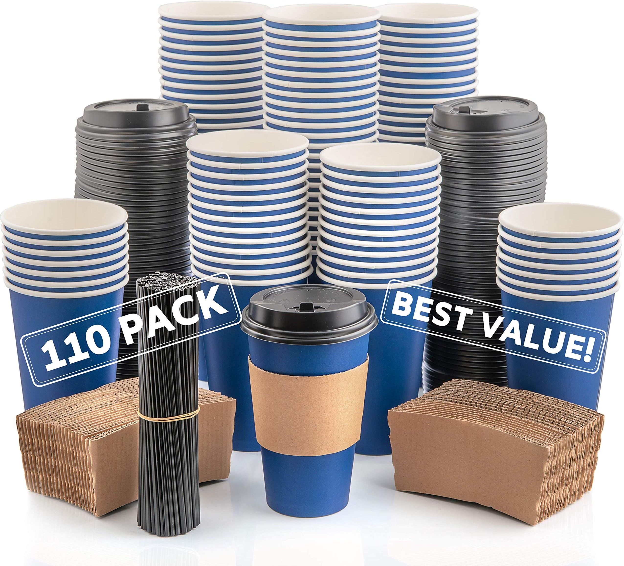 110 Pack Disposable Coffee Cups with Lids - Premium Quality 16 oz To Go Coffee Cups with Sleeves, Tight Lids to Prevent Leaks & Straws - This Paper Hot Cup Holds Shape With Hot Drinks - Midnight Blue