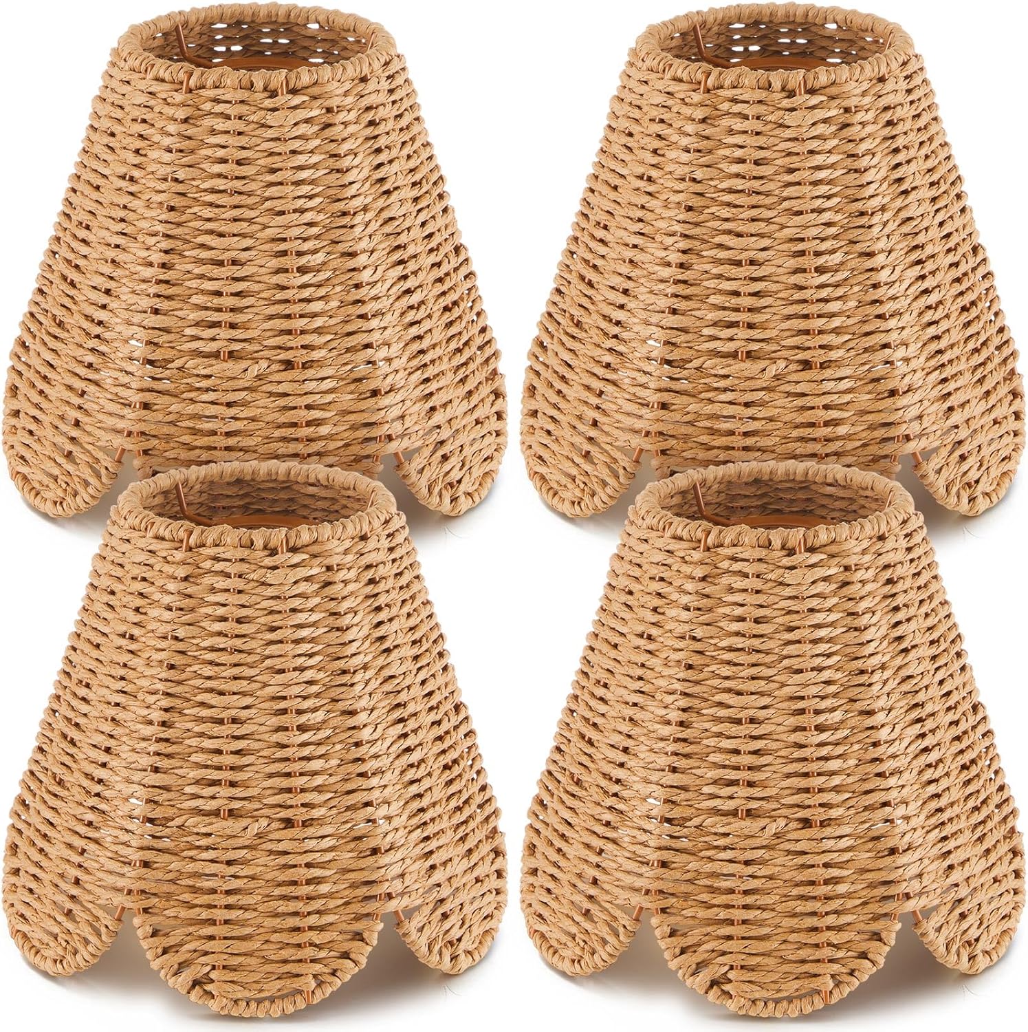 Small Clip-on Chandelier Rattan Lamps Set Shade Scalloped Lampshade 3"top x 6"bottom x 5-1/4"slant Height Empire Lamp Shade Chandelier or Accent Lamp(Paper Rope,Naturals,4 Pcs)