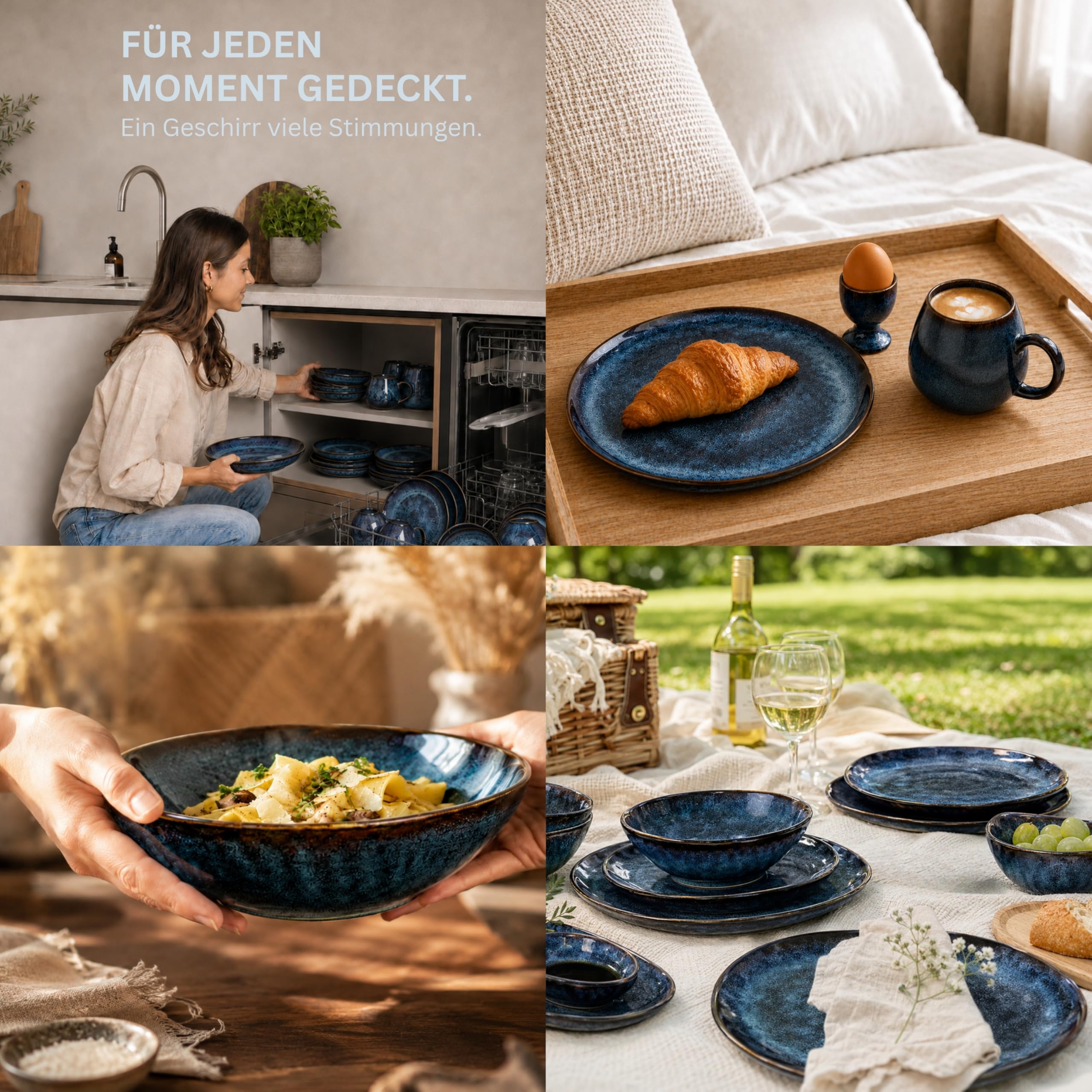 Sänger | Teller Set Tokio 12 tlg, Steingut Geschirrset 4 Personen, Tafelservice inkl. Speiseteller Kuchenteller & Schüssel Set, Speiseservice Dunkelblau mit Schwarzen Akzenten | PREMIUM COLLECTION