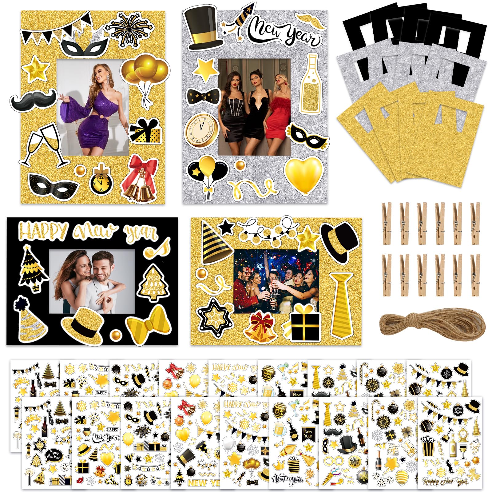 Konsait 12 Pack New Year Crafts, 2025 New Year Picture Frames Crafts Kit with Stickers Clips and Rope, New Year Eve Party Supplies, 2025 New Year Party Favors