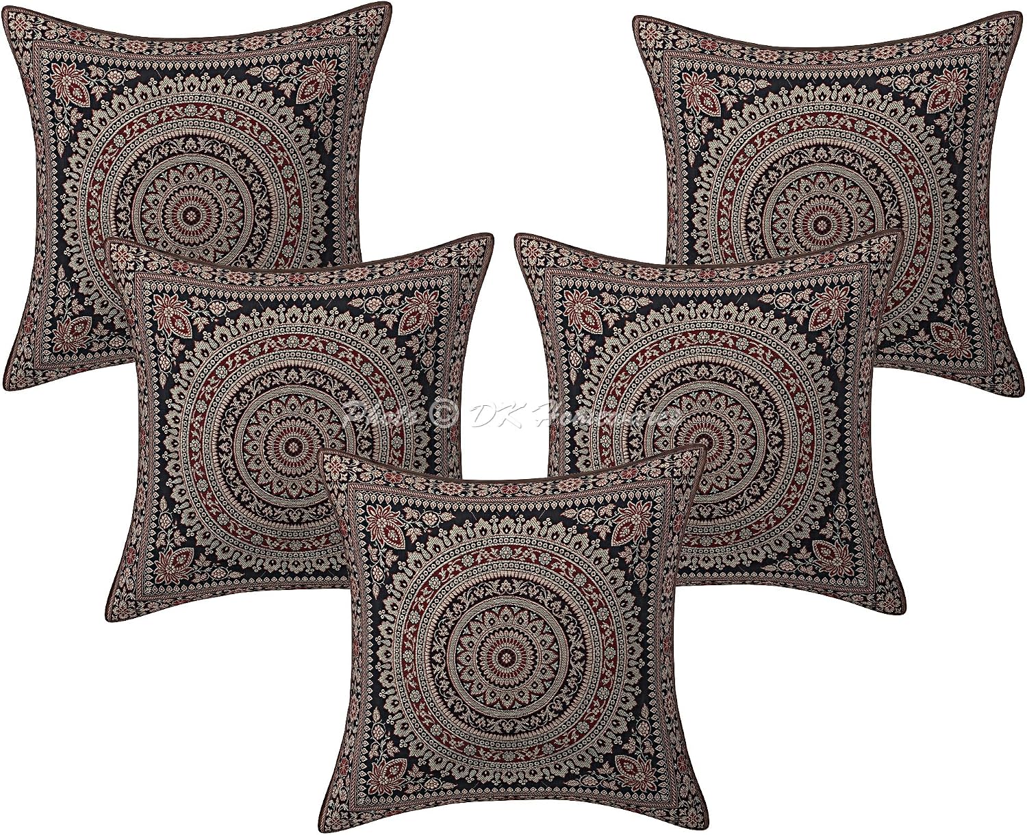Indian Throw Pillow Covers 16 Inch Brocade Jacquard Weave Ethnic Square Mandala Cushion Covers (Size - 40x40 cm ; Color: Black & Gold) - Set of 5 Pcs (Cover Only)