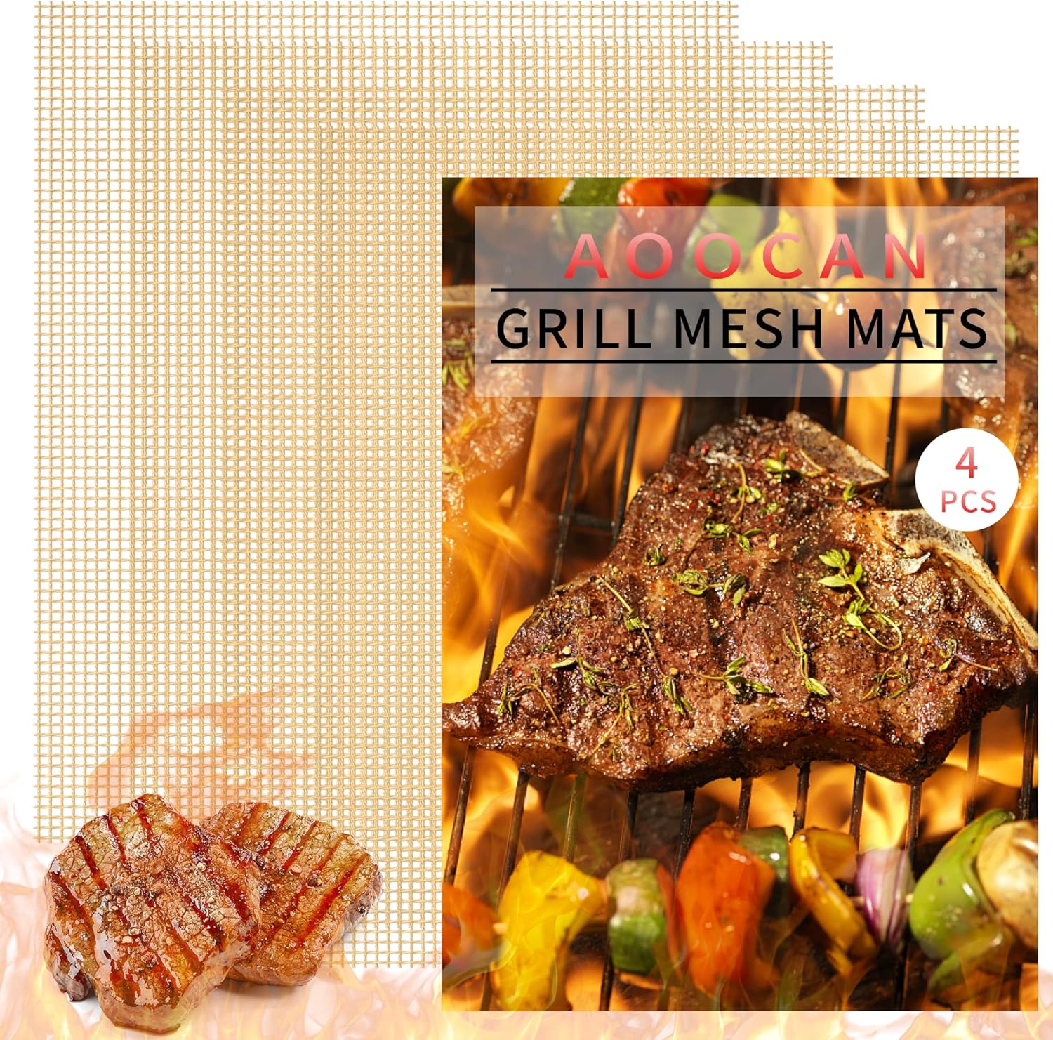 AOOCAN BBQ Mesh Grill Mat Set of 4 Heavy Duty Nonstick Mesh Grilling Mats