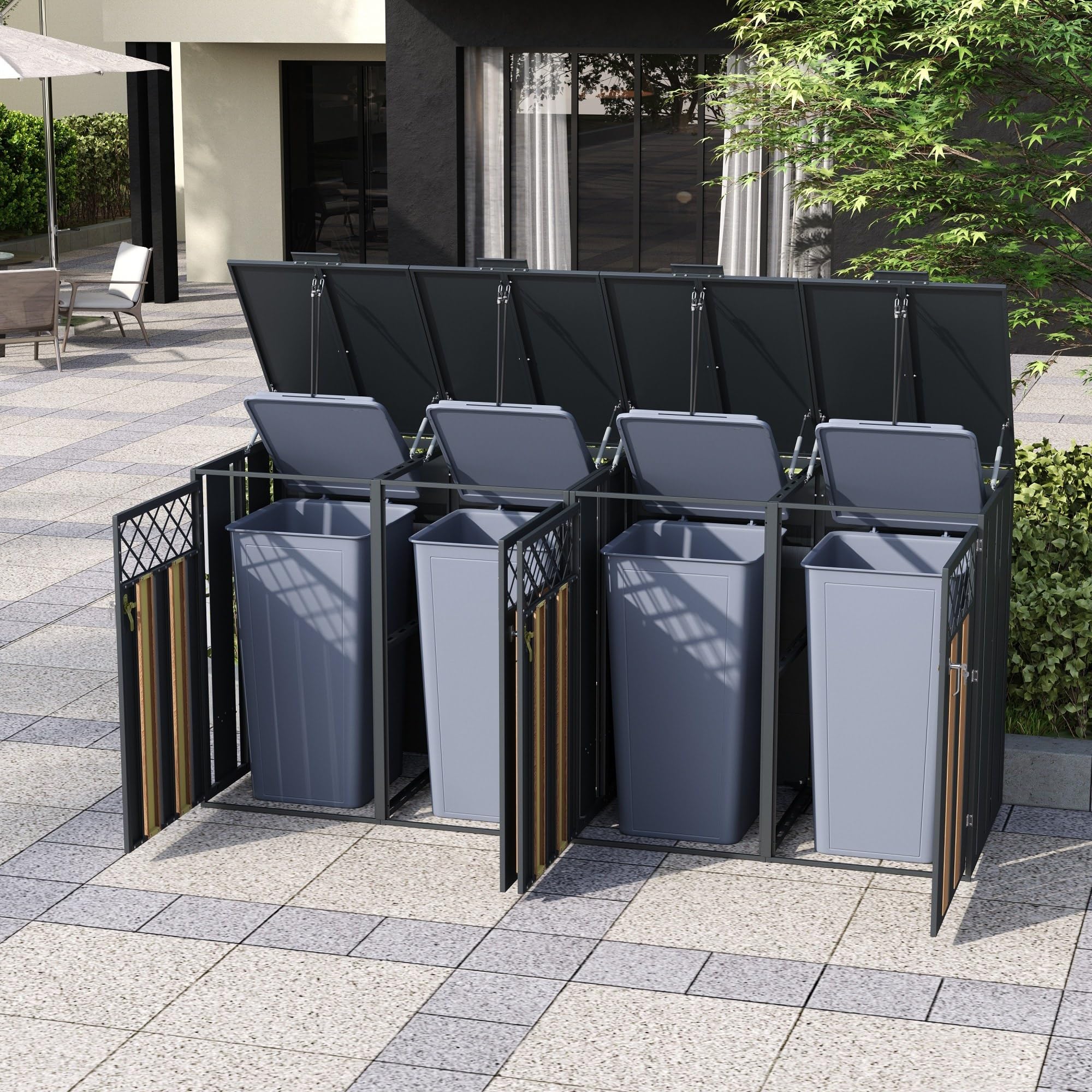 Mülltonnenbox 4-Er Mülltonnenhaus Für 4X Tonnen 120 Und 240 Liter, Stahl Verzinkt, Mit Klappdeckel, Rautenförmige Lüftungsöffnung, Trash Storage Compartments,Abschließbar,4 bin