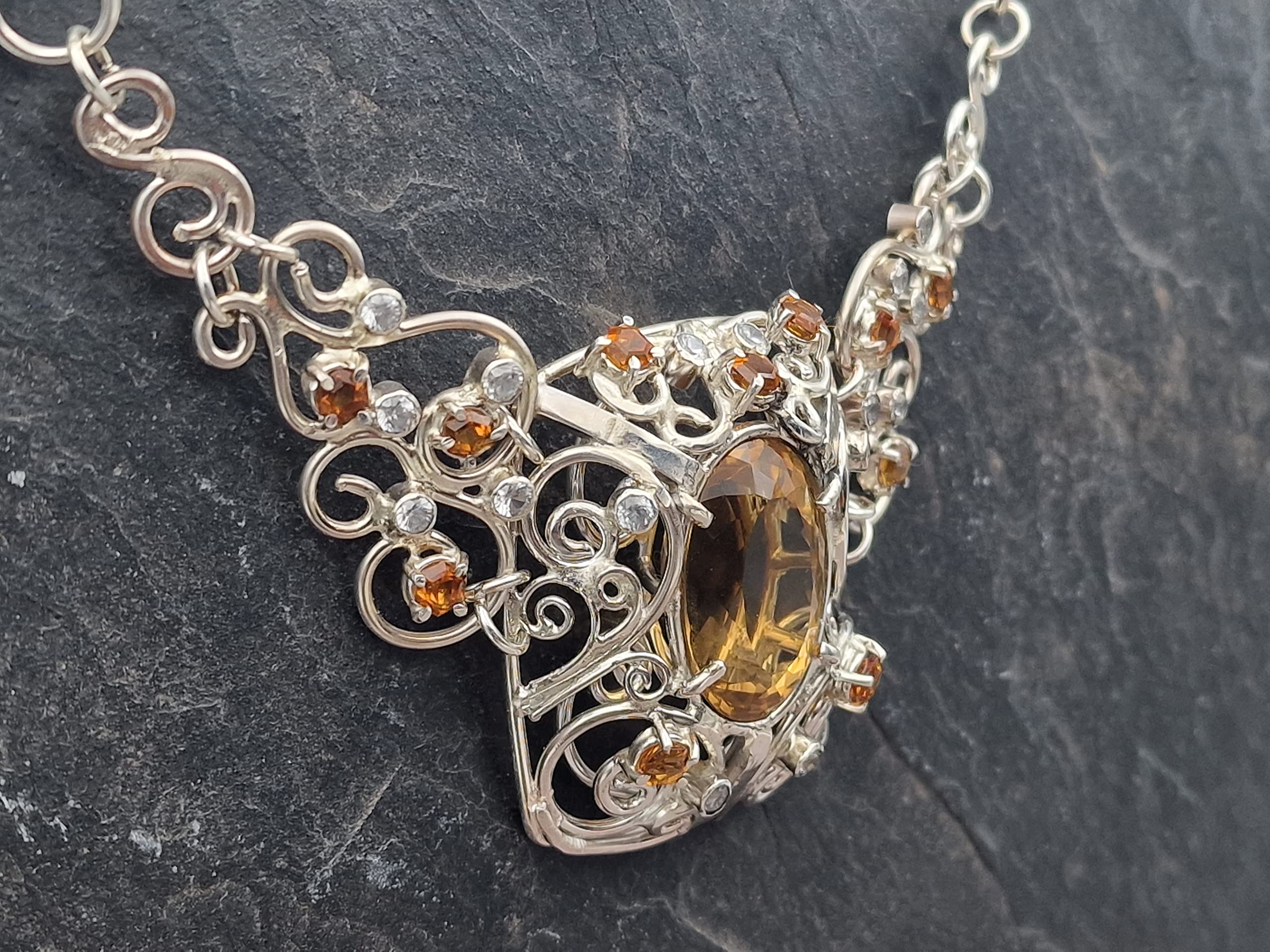 Majestätisches Citrin - Bergkristall Collier aus 925er Silber, handgefertigte Kette, Groß, Statement, Königlich, aufwendig, leicht, Unikat, Handarbeit