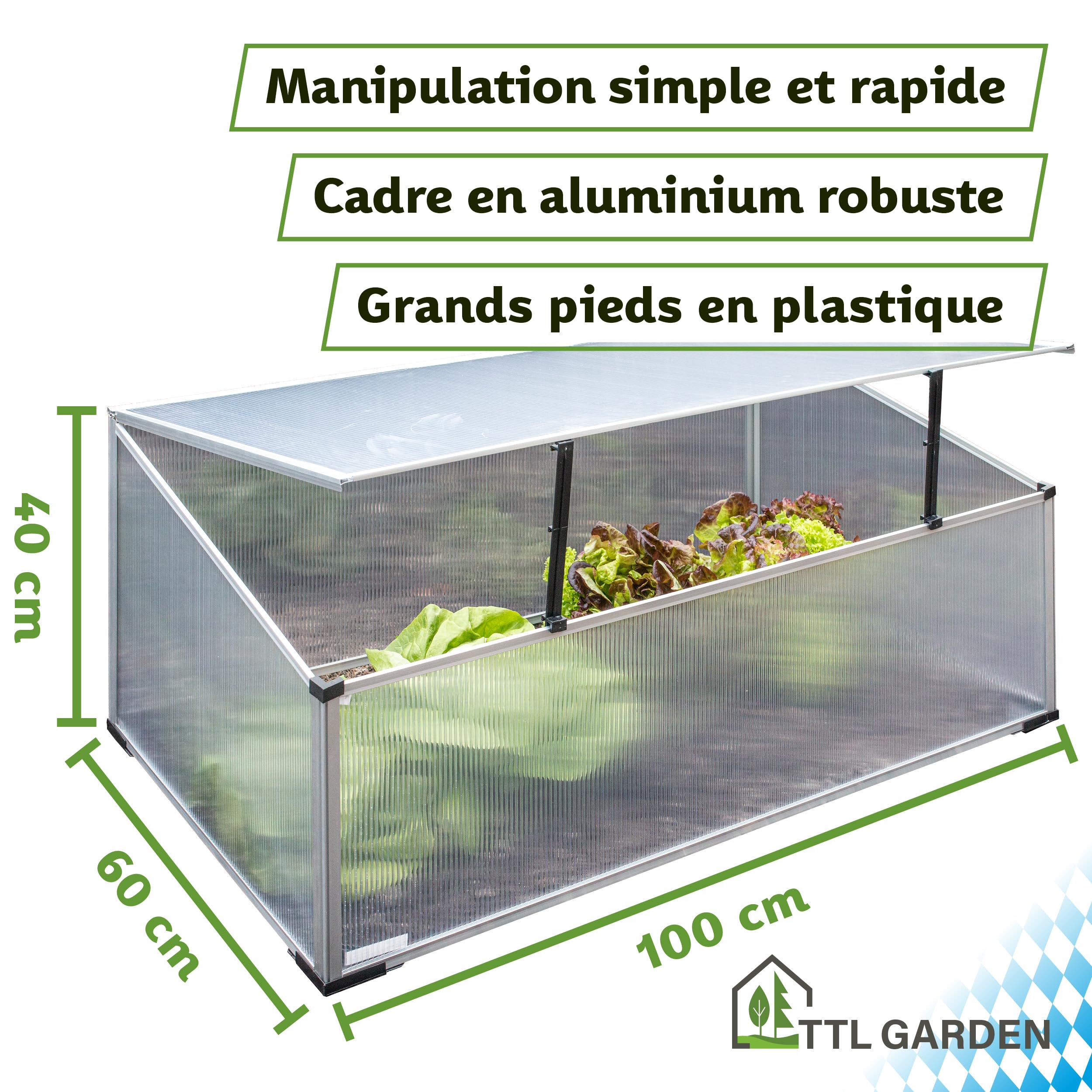 TTL Garden Jardinière en aluminium 40 x 100 x 60 cm – Serre pour plantes, plantation pour légumes, herbes et fleurs, culture et conditions de croissance optimales même en hiver