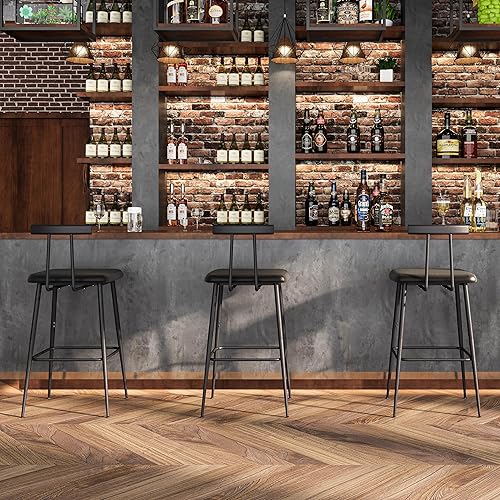 Miniatura 7 de Juego de 2 taburetes de bar altos con respaldo y reposapiés, sillas de bar de altura de mostrador, taburetes de bar industriales con cojín de piel