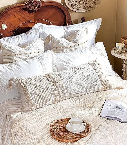 Miniatura 7 de BlissBlush Funda de almohada lumbar blanca y crema neutra de 14 x 36 pulgadas, funda de almohada lumbar texturizada tejida, funda de almohada