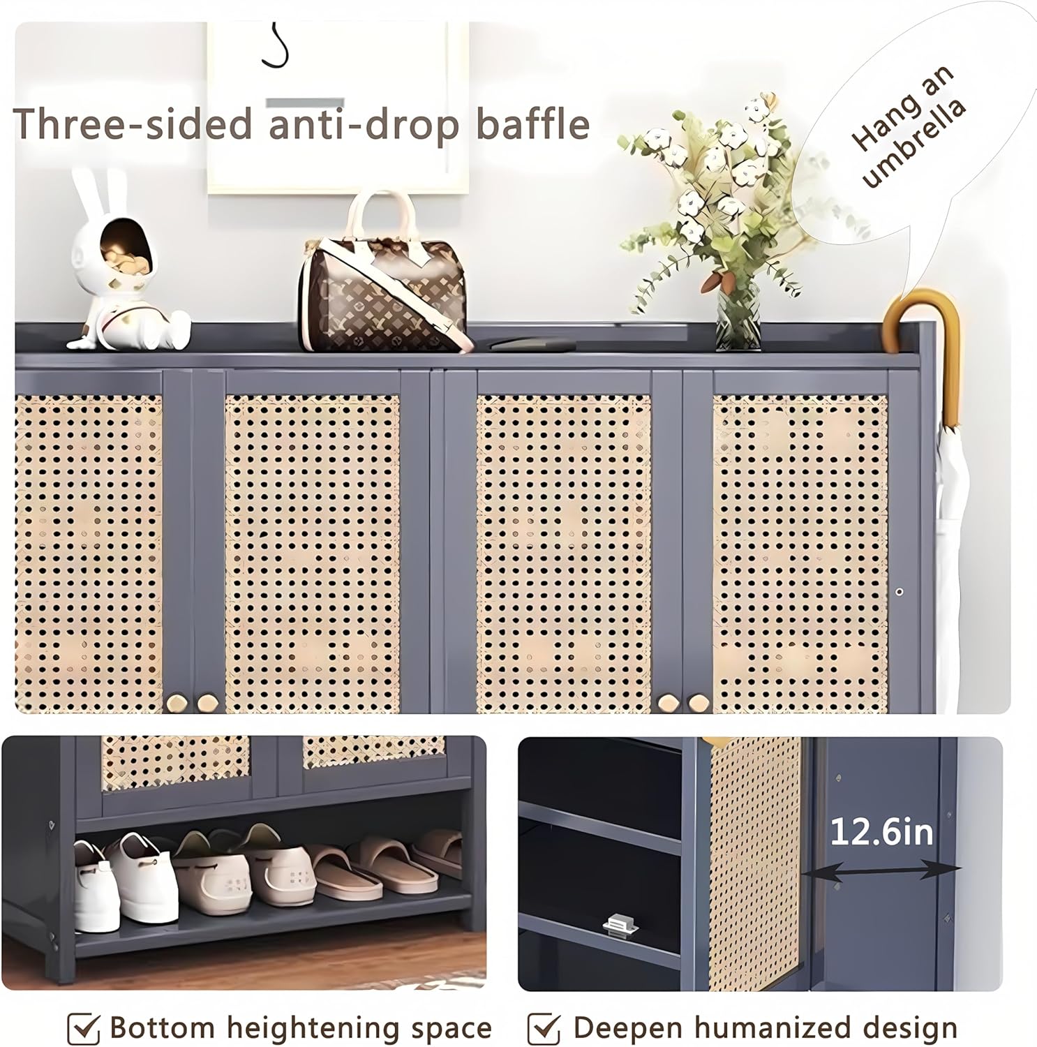 8-Tier Shoe Storage Cabinet for Entryway, 36-40 Pairs Large Capacity Shoe Cabinet with Rattan Door, Freestangding Shoe Rack Organizer with Adjustable Shelf for Closet, Hallway, Living Room
