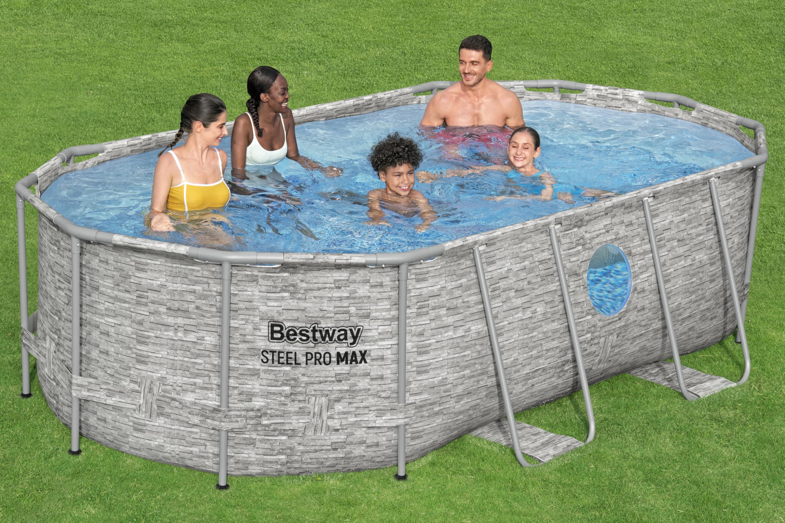 Bestway 56714-7 Set piscina fuori terra ovale Steel Pro MAX Splashview - 4,27 m x 2,50 m x 1,00 m, grigio effetto pietra