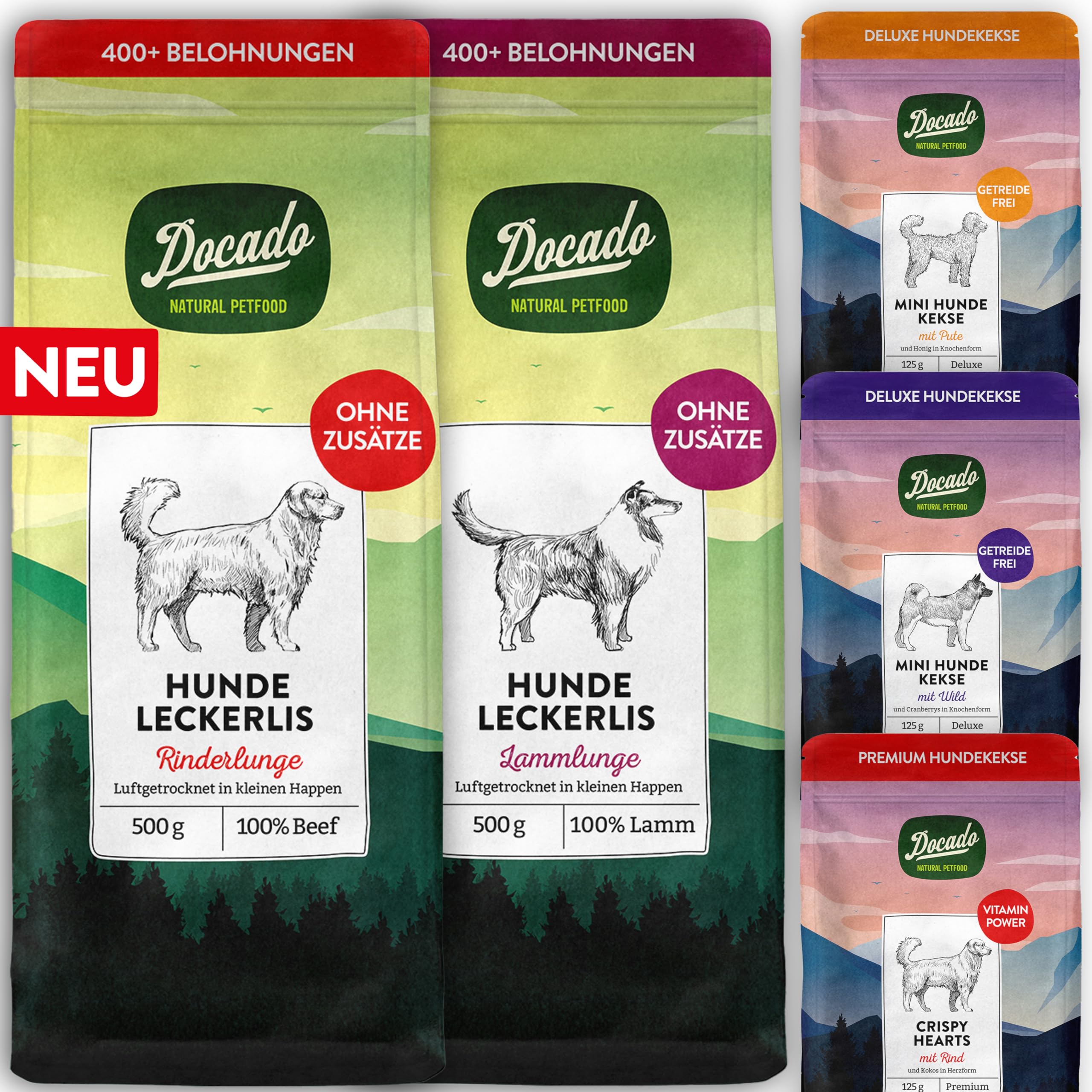 Premium Entdecker Snack-Set für Hunde 5-teilig | Getreidefrei, Proteinreich | Mix aus Wildfleisch, Rind, Lamm & Pute | Trockensnacks & Hundekekse