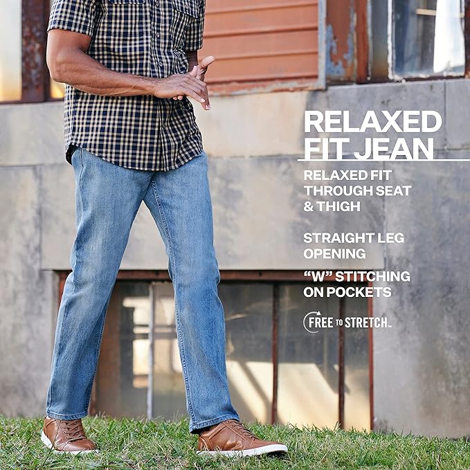 Wrangler Men's Free-to-Stretch Relaxed Fit Jean, Dark Indigo, 38W x 32L