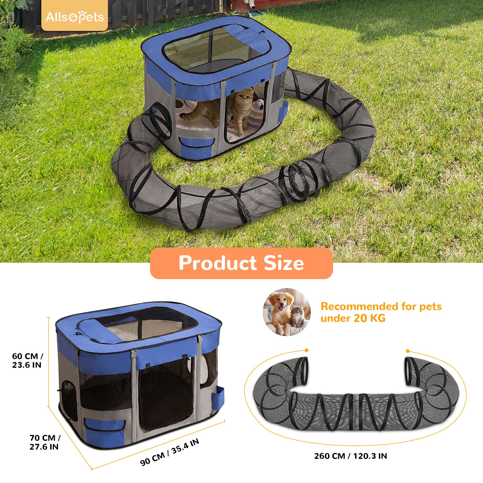 ALLSOPETS Katzengehege mit Tunnel Interaktiver Faltbarer Katzenzaun mit Großem Spielbereich Sicheres Outdoor-Katzenzelt für Hauskatzen Kleine Tiere und Welpen (Blau, XL)