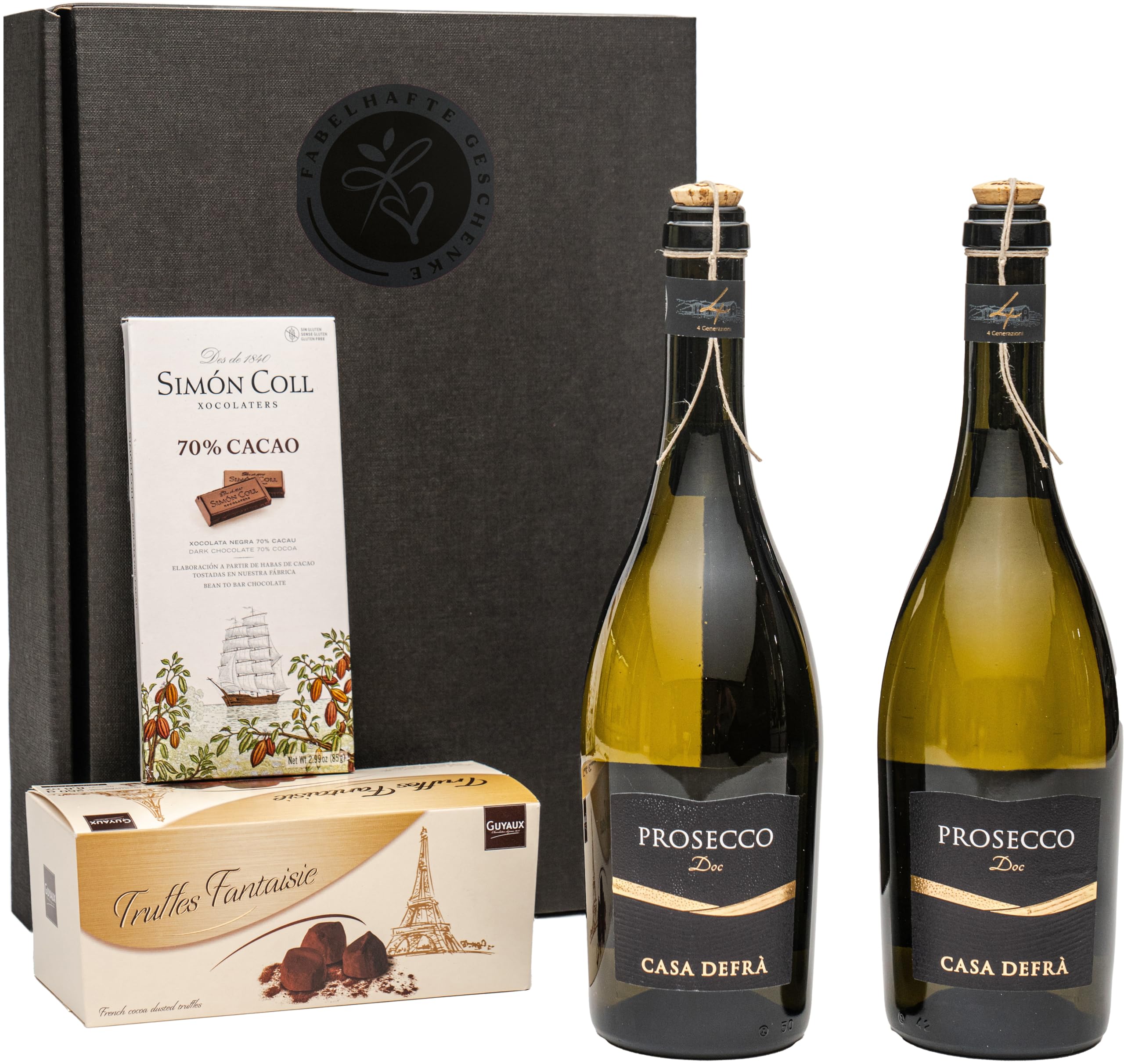 Geschenkset Prosecco DOC mit 2 Fl. Prosecco DOC Casa Defra, feinsten Schokoladentrüffeln und dunkler Schokolade