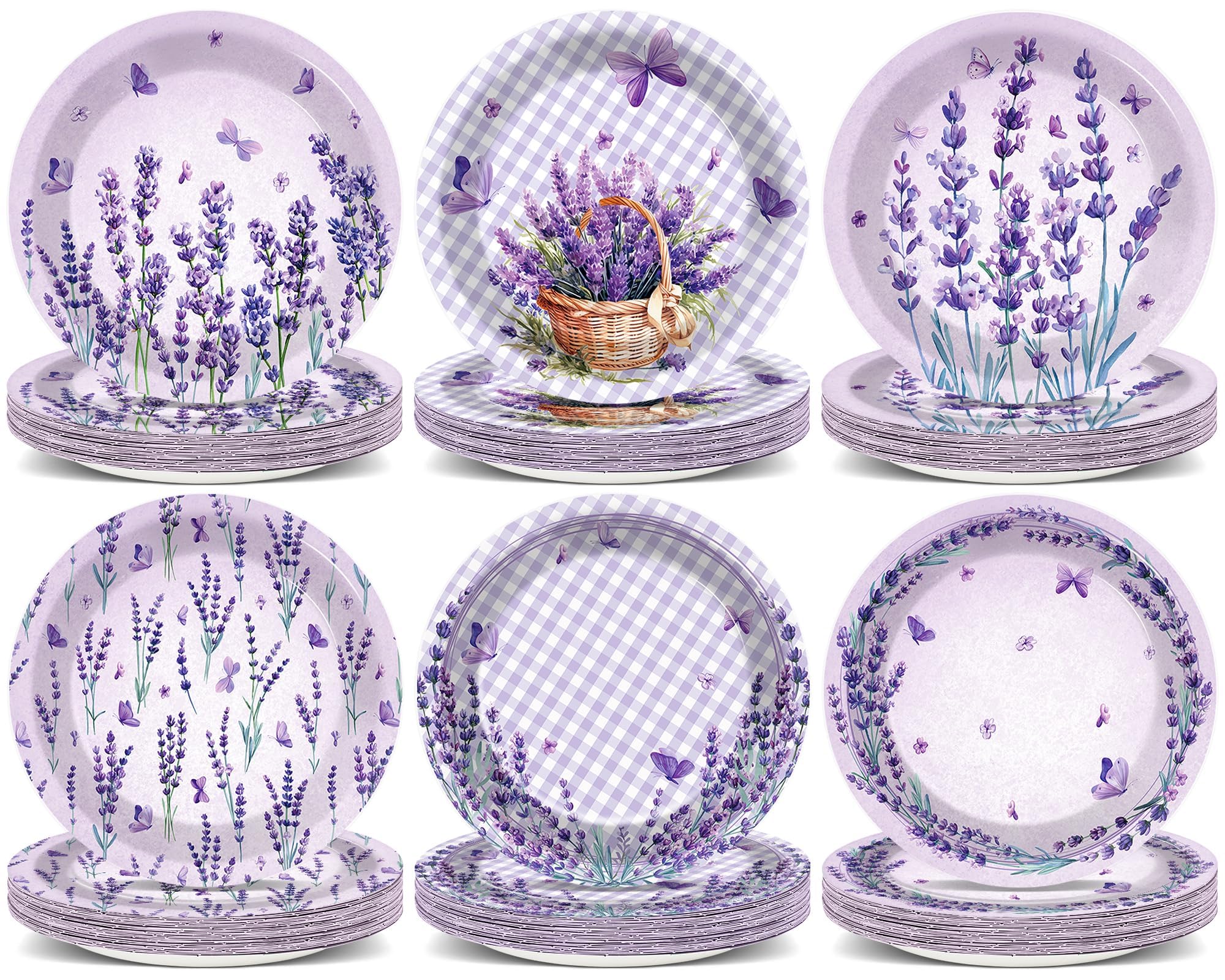 60Pcs Purple Lavender Party Decorations Lavender Paper 7 Inch Dessert Plates Tableware Lavenders Theme Birthday Plates Floral Butterfly Dinnerware for