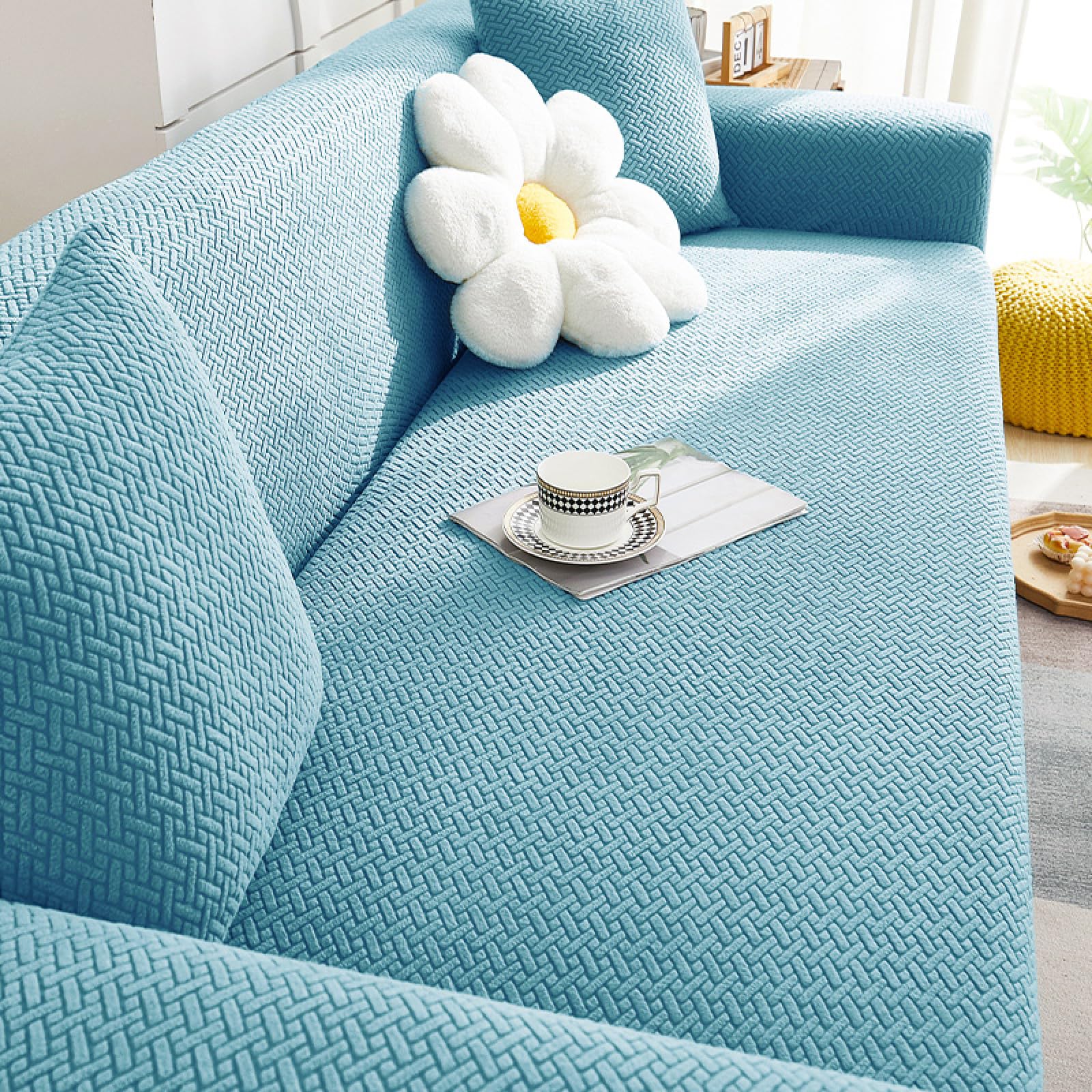 Stretch Sofa Slipcover, Universal Couch Cover Non Slip Soft Sofa Cover with Elastic Bottom, Dog Cat Pets Friendly Washable Furniture Protector for 3 Cushion Couch (XL(4 Seater 235-300cm), Blue)