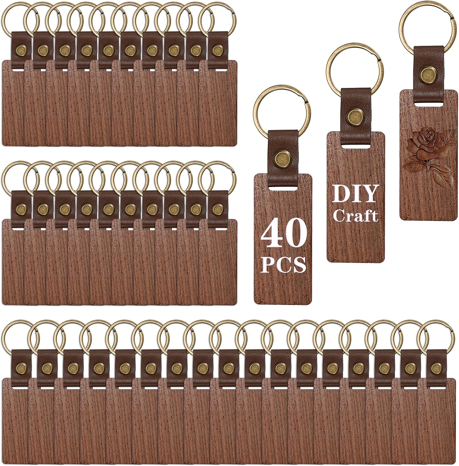 40 Pieces Wooden Keychain Blanks, Rectangle Engraving Blanks Key Chain with Leather Strap Keyring Personalized Unfinished Blank Key Ring Tag for DIY Crafts Gift Accessories, 40 Pcs-Rectangle