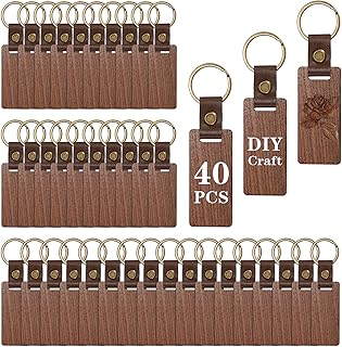 OGANAZI 40 Pieces Wooden Keychain Blanks, Rectangle Engraving Blanks Key Chain with Leather Strap Keyring Personalized Unfinished Blank Key Ring Tag for DIY Crafts Gift Accessories, 40 Pcs-Rectangle