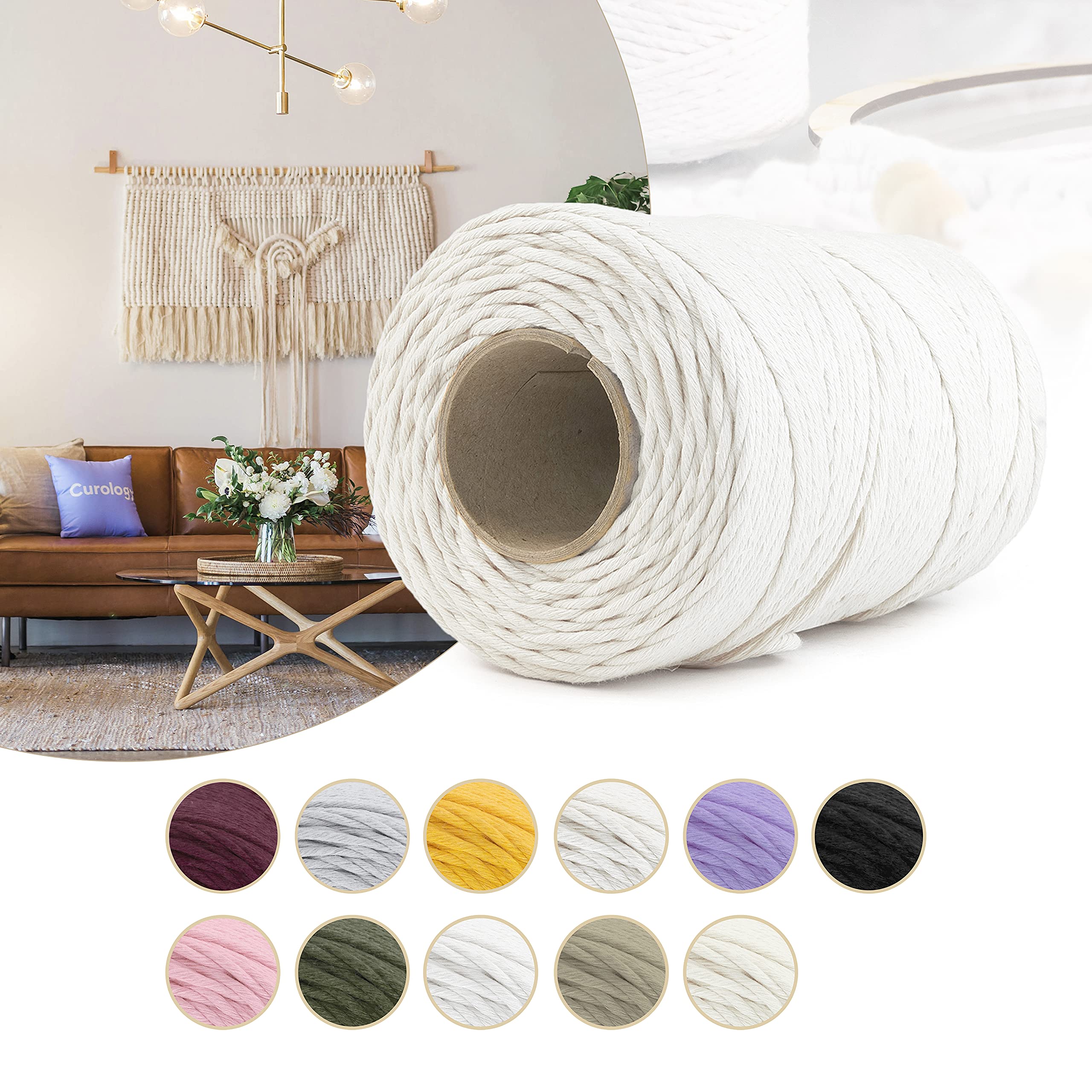 Hilo de macramé premium, 1000 m, 3 mm, amarillo, 100 % algodón, cordón natural, hilo de algodón, decoración artesanal