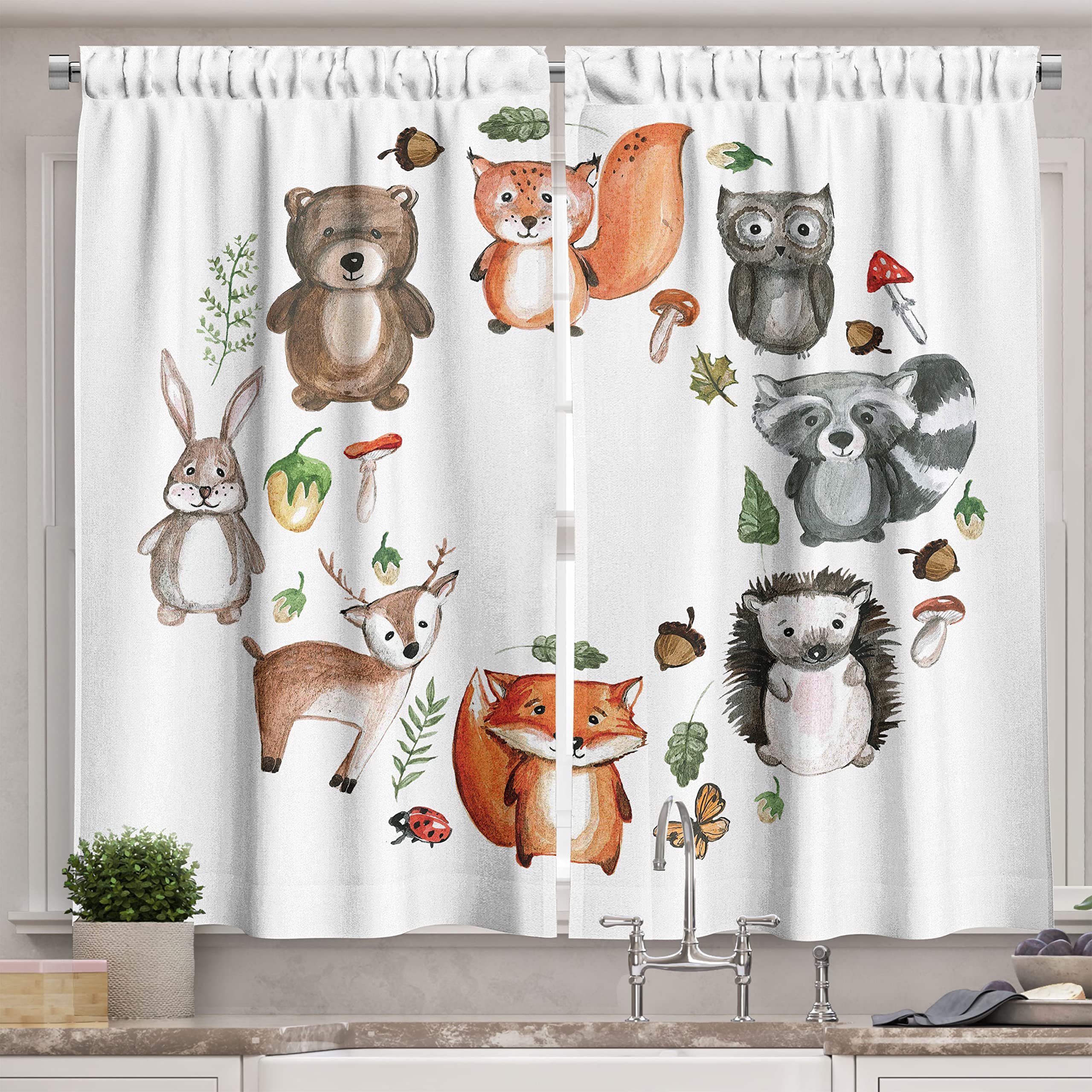Lunarable Woodland Long Kitchen Curtains, Animals of The Forest Mushrooms Acorns Circular Frame Cartoon Pastel Colors, Two Panels Drapes with Rod Pocket Room Decor, 55