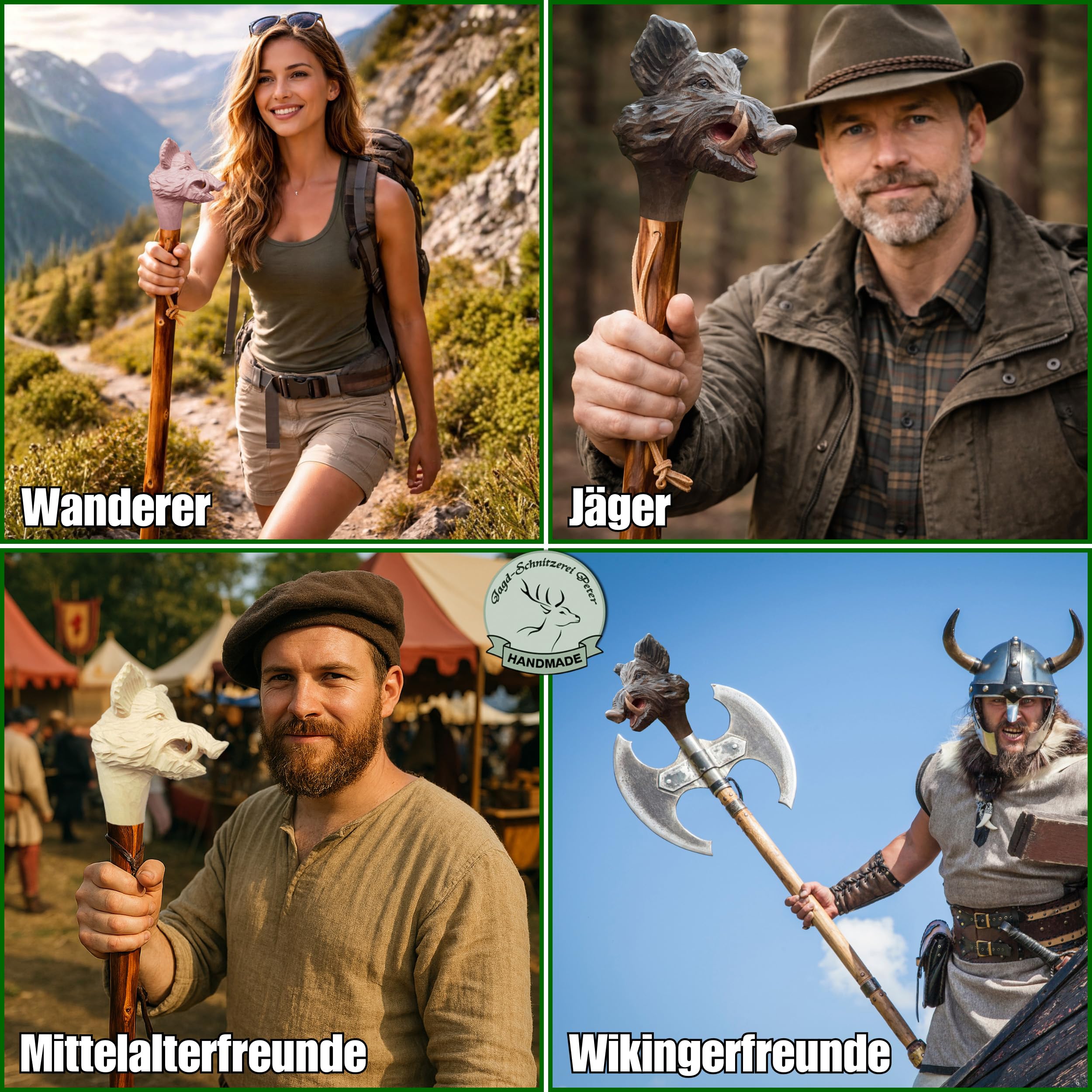Jagd-Schnitzerei Peter® Wanderstock Holz mit Keilerkopf 98-180 cm | Handgeschnitzt, Farbe siehe Abbildung, Gravur bis zu 15 Zeichen im Preis enthalten