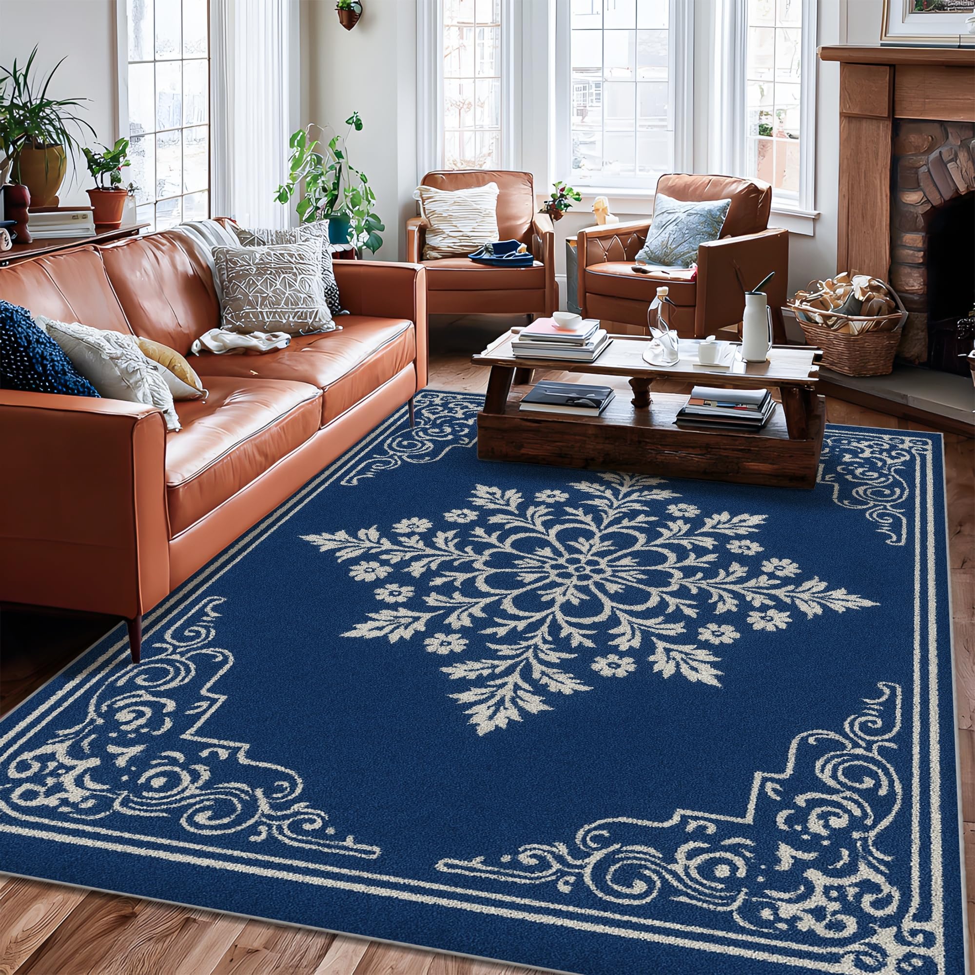Tapis bleu marine floral traditionnel et élégant antidérapant pour le salon et la chambre