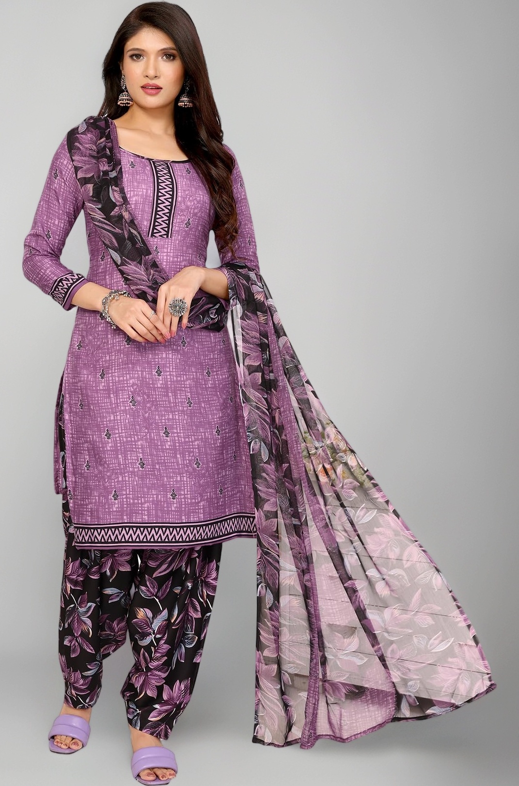 Women's Printed Dress Material - Unstitched Crepe Fabric Kurti, Pants & Dupatta Set