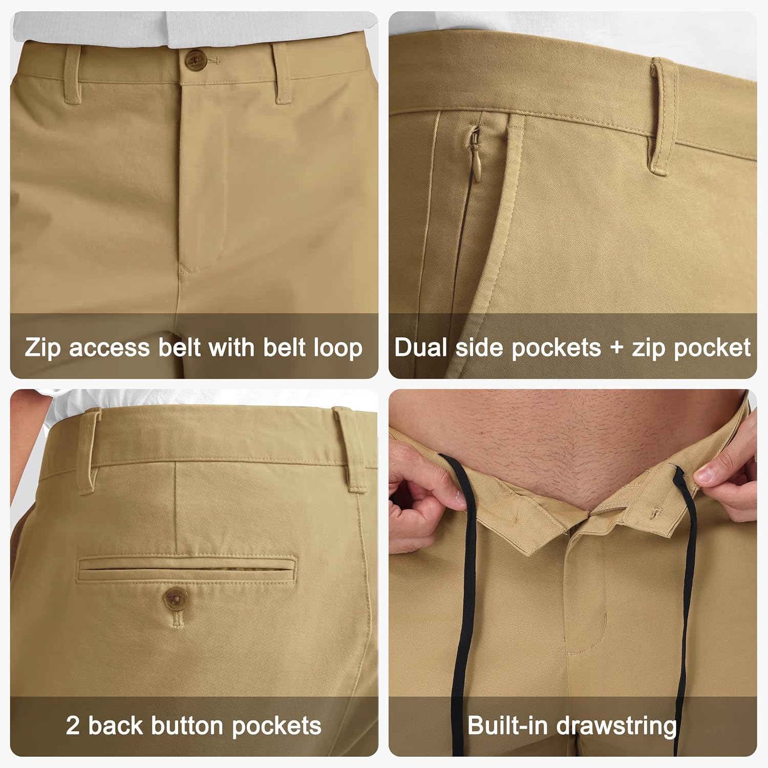 JWM Men's 7" 9" Classic-Fit Chino Shorts Stretchy Khaki Slacks Shorts Flat Front Comfy Casual Travel Golf Work Zipper Pocket
