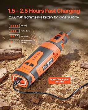Vevor コードレス チェーンソーシャープナー、5速 調節可能な電動ソーチェーンシャープナー 5000-30000 Rpm、充電式ハンドヘルドチェーンソーシャープニングツール 4つのシャープニングヘッド&アングルガイドアタッチメント付き