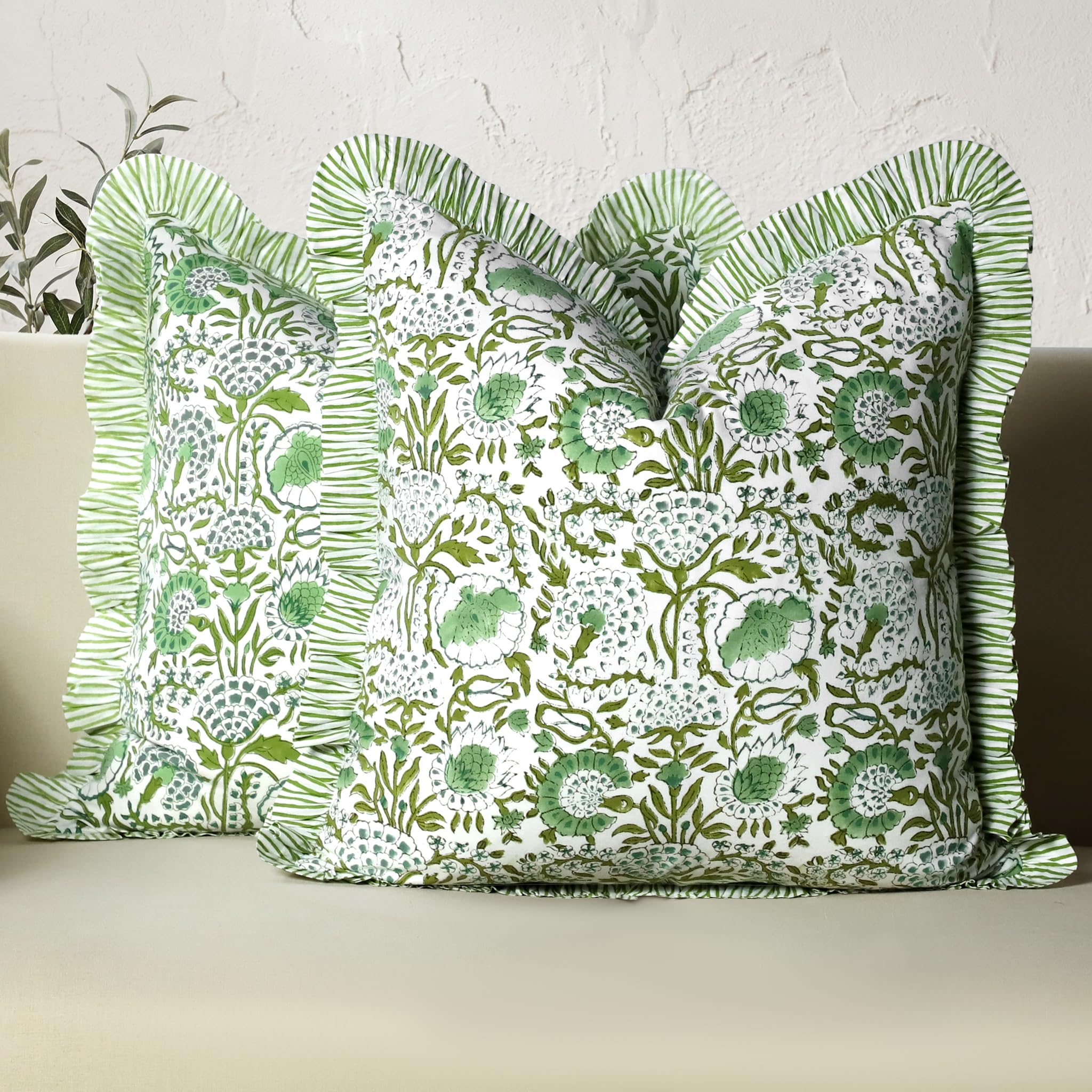 CPC Block Print Ruffle Throw Cover Agate Green 20"x20" Inch Pack of 2-100% Cotton Ruffle Couch Decorative Boho Pillows Case for Living Room, Bedroom,