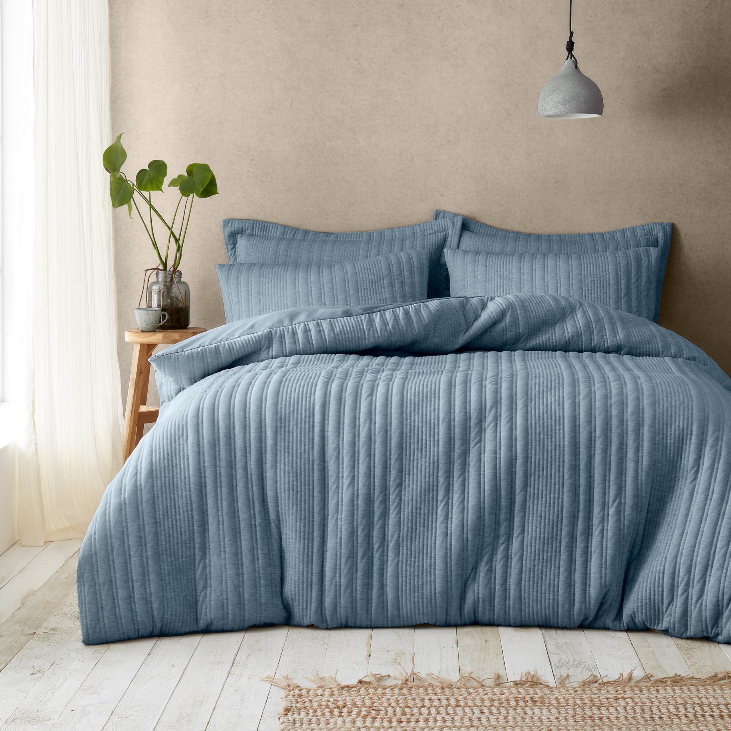 Pineapple Elephant Tamba Jersey Stripe Quilted King Duvet Cover Set with Pillowcases Chambray Blue — image 1
