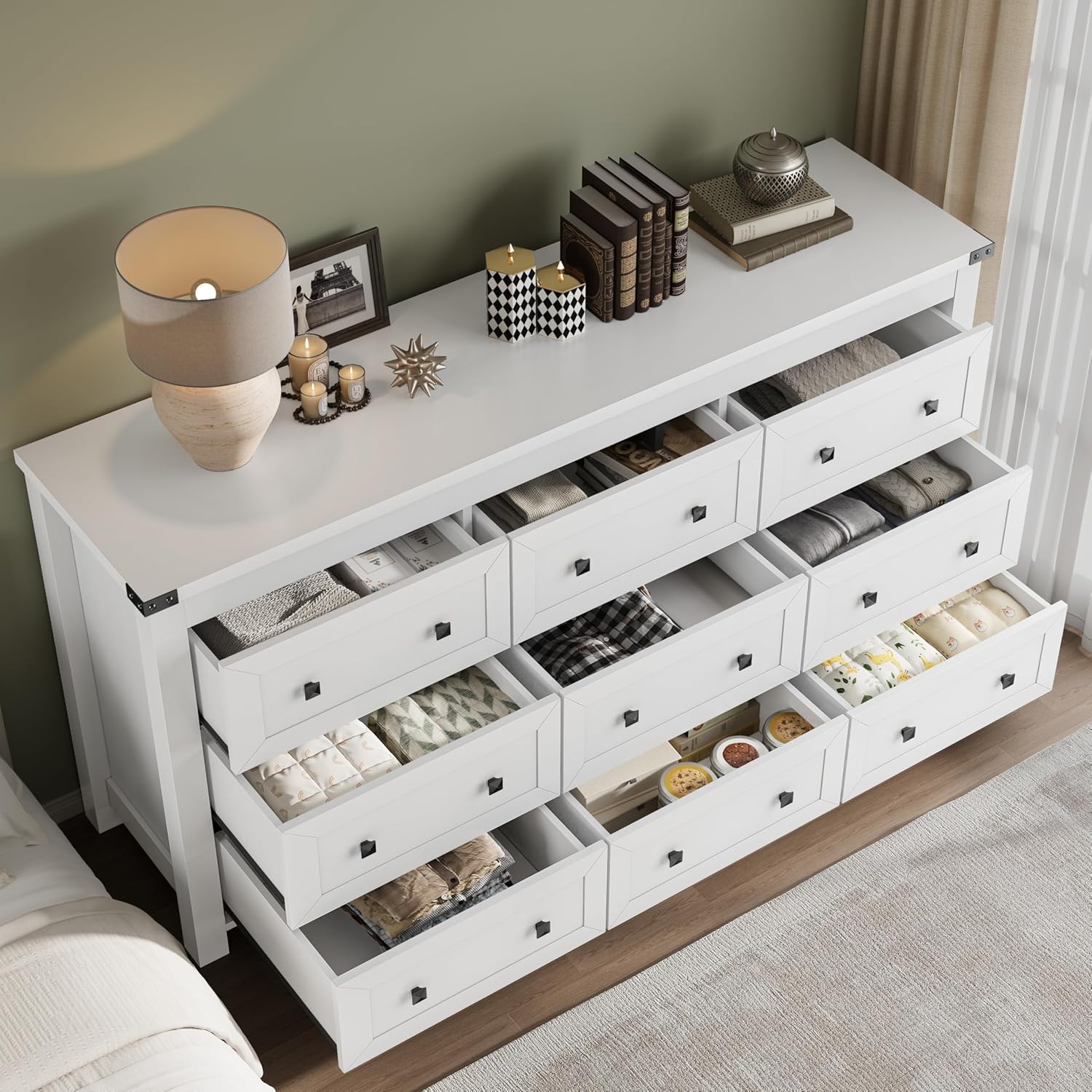 BORNOON 9-Drawer Dresser, Modern Wooden Storage Chest of Drawers, Dresser TV Stand, Wood Drawer Organizer with Metal Handles for Bedroom, Living Room, Hallway