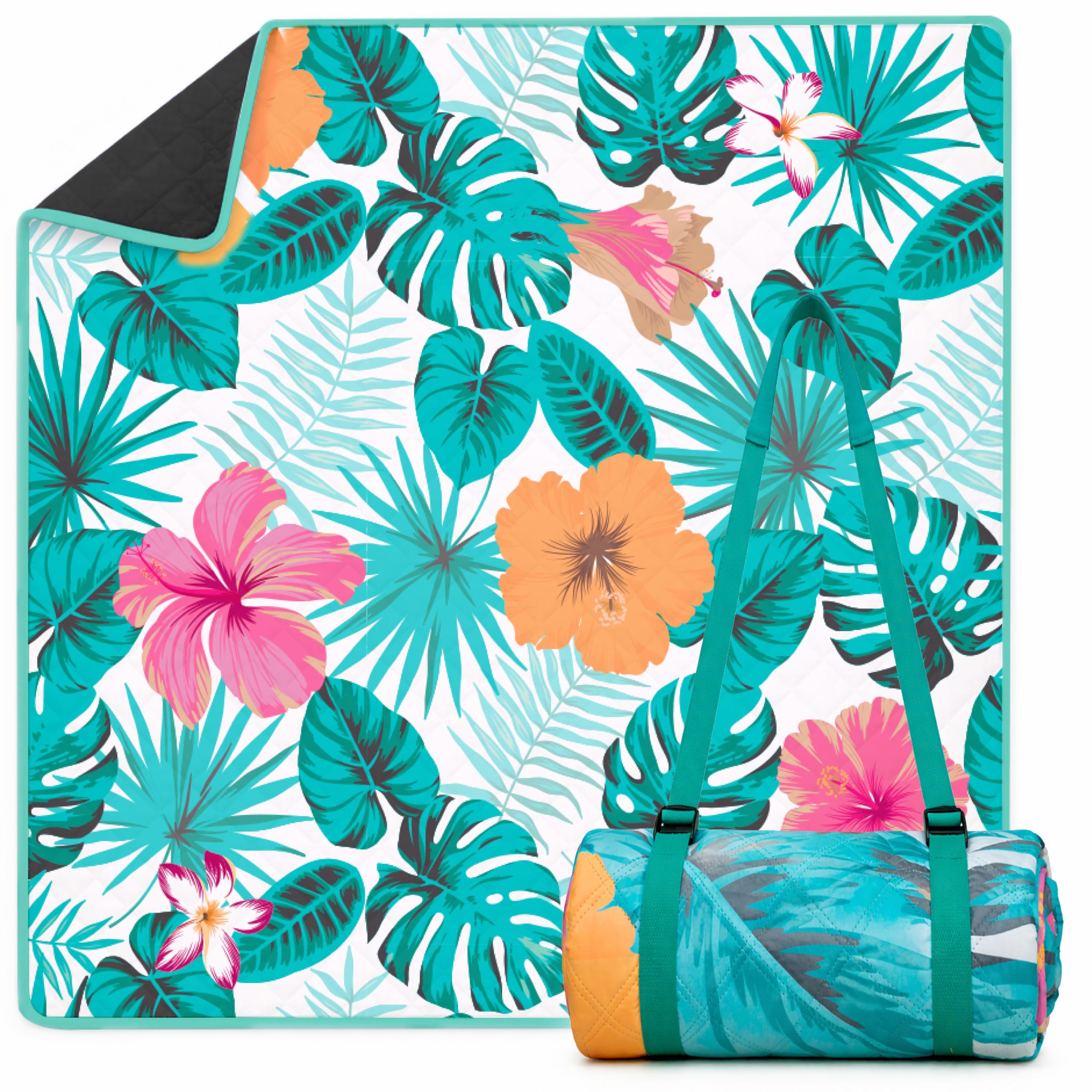Twinzee Picknickdecke 200x200 cm Wasserdicht - Waschbare Stranddecke XXL für Strand, Camping, Outdoor - Strandmatte Gepolstert Kompakt. Leicht zu Tragen - Floral