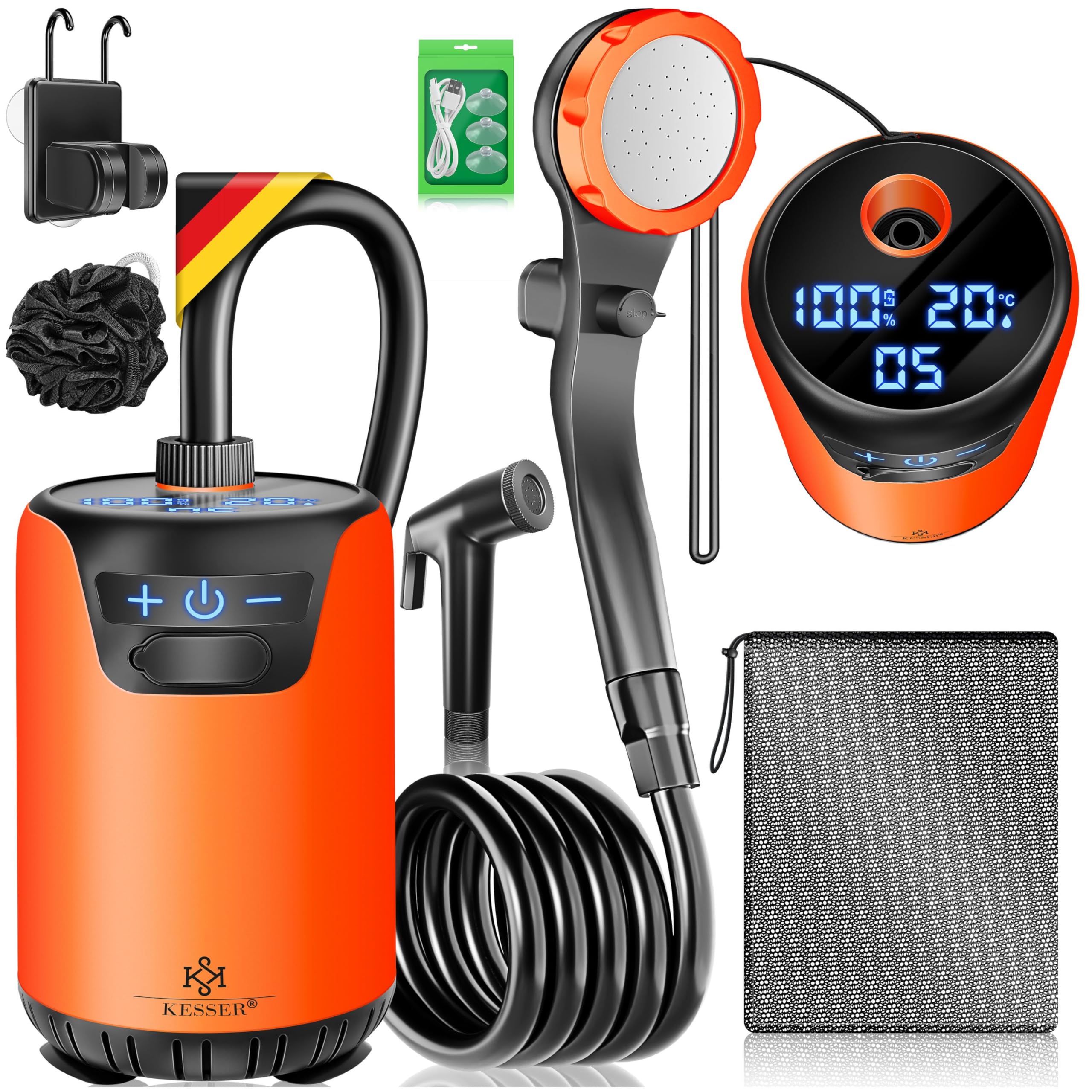 KESSER® Campingdusche Solardusche mit Pumpe & wiederaufladbarem Akku 8000mAh Mobile Dusche | Camping Dusche Set inkl. einstellbarem Duschkopf, 2m Schlauch, Sprühpistole & Halterung