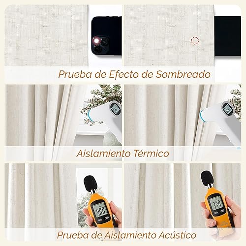Miniatura 5 de Cortinas 100% opacas, crema, 84 pulgadas de largo, 2 paneles, sala de estar o dormitorio, trabillas traseras y aislamiento térmico, de lino,