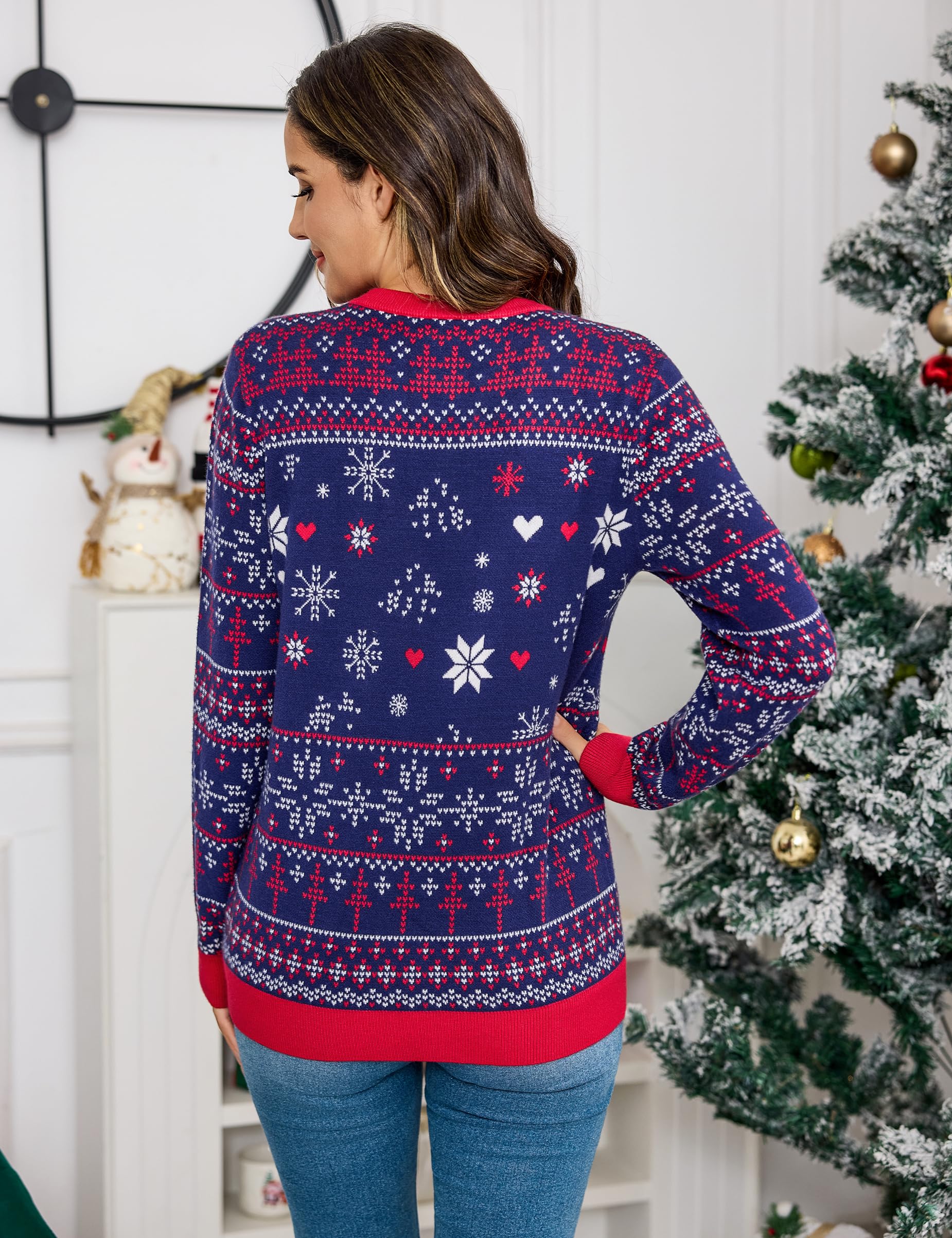 Litherday Weihnachtspullover Damen Weihnachten Strickpullover Christmas Sweater Rundhals Langarm Rentier Schneeflocken Muster Weich Pullover Weihnachtsfeier Winter