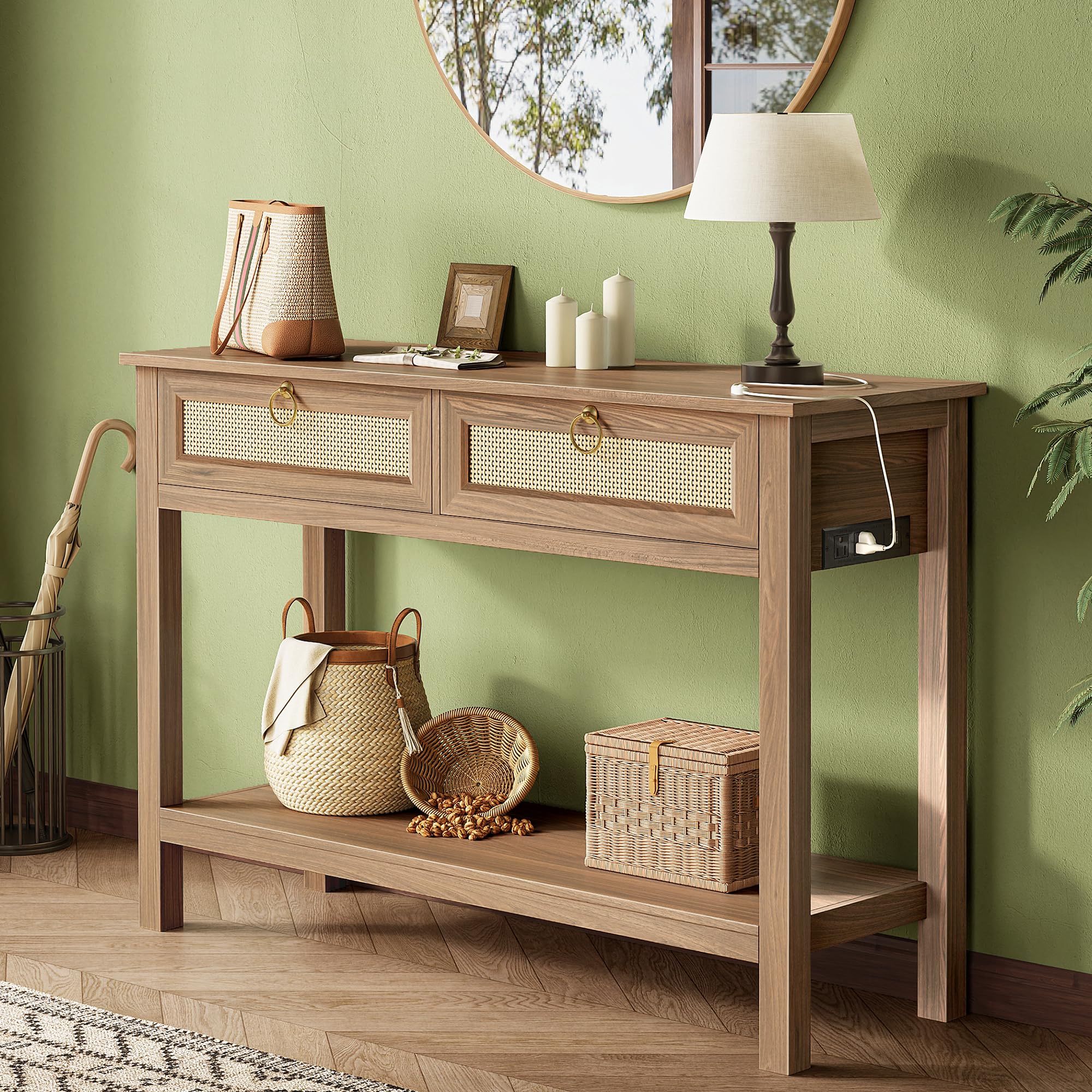 Rattan Console Sofa Table with Outlets and USB-C Port, 2 Drawer Entryway Table with Synthetic Rattan Surface, 39 Inch, Open Shelf, Behind Couch Entry Foyer Hallway Storage, Brown