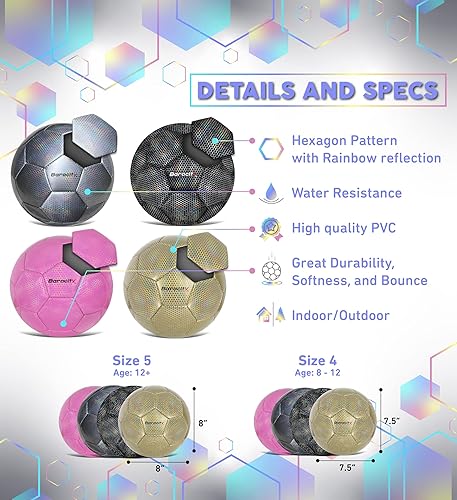 Miniatura 9 de Barocity Iridescent Soccer Balls Set of 4  Official Match Ball with Reflective Hex Pattern, Sport Soccer Balls for Indoor and Outdoor Training and