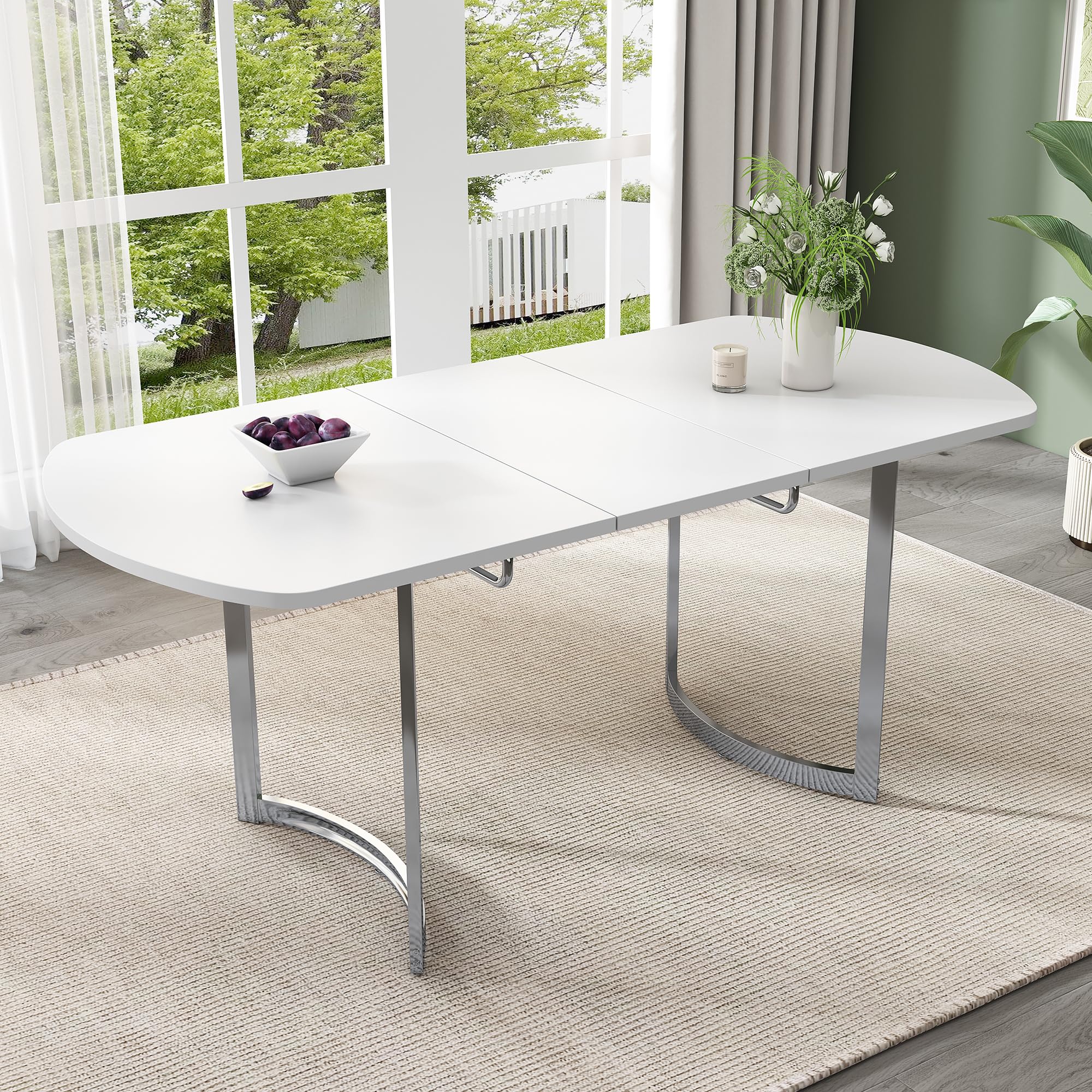 Soweiz Mesa de comedor extensible 140/180 x 80 cm, longitud extensible 180 cm, patas de metal plateadas, soporte de aleación de alta resistencia, adecuado para 4 – 6 personas, color blanco + plateado