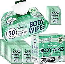 Dura Cleanse Body Wipes Women (50 Count) + Travel Clean Sheets (20 Sachets) - Gentle No Rinse Extra Large Wipes & Individually Wrapped Singles for Discreet Freshness at Home, Work, or Travel