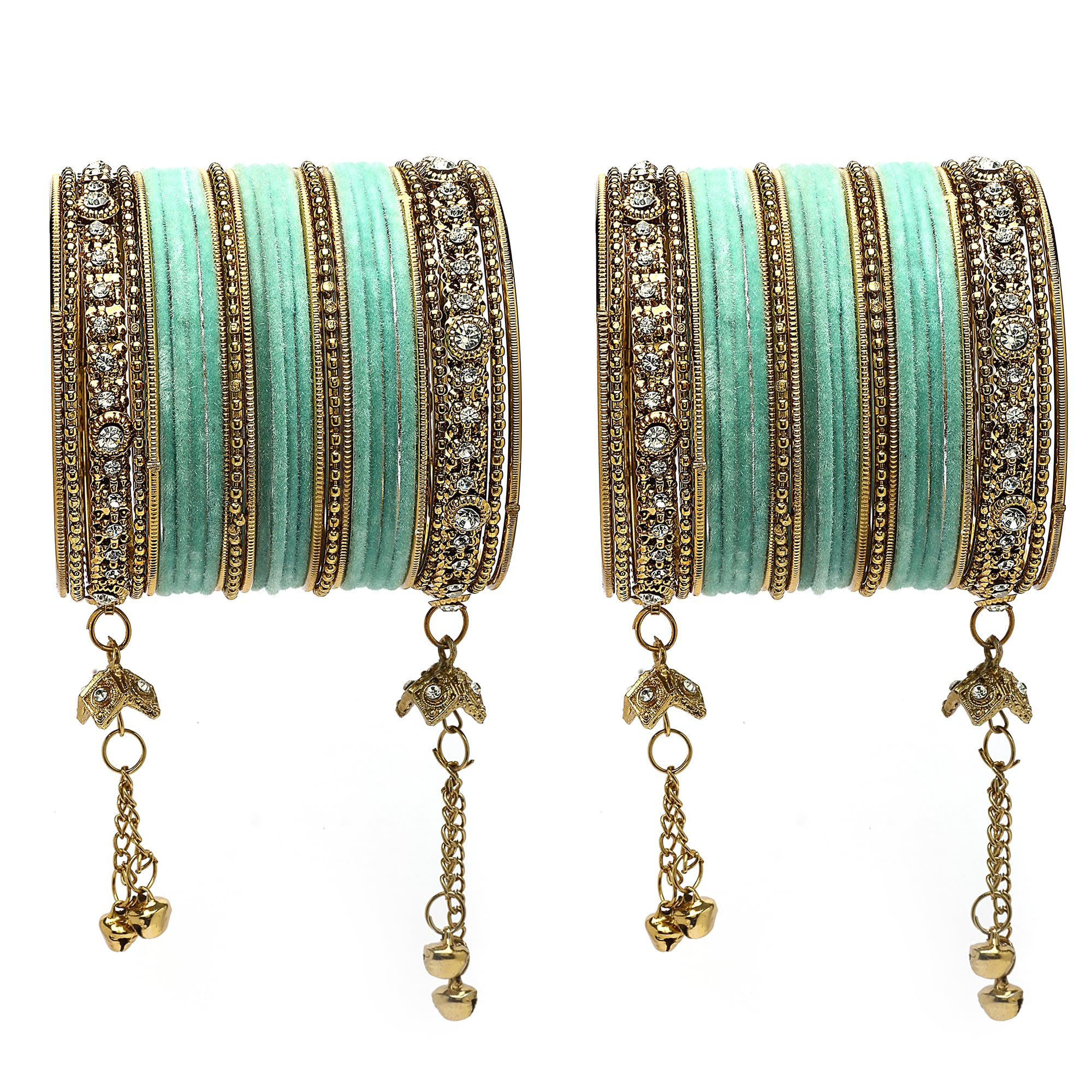 Gold-Plated Matte Finish Velvet American Diamond Studded Gold Pearl Tasselled Bangles Set Of 56 For Girls and Women-image-45