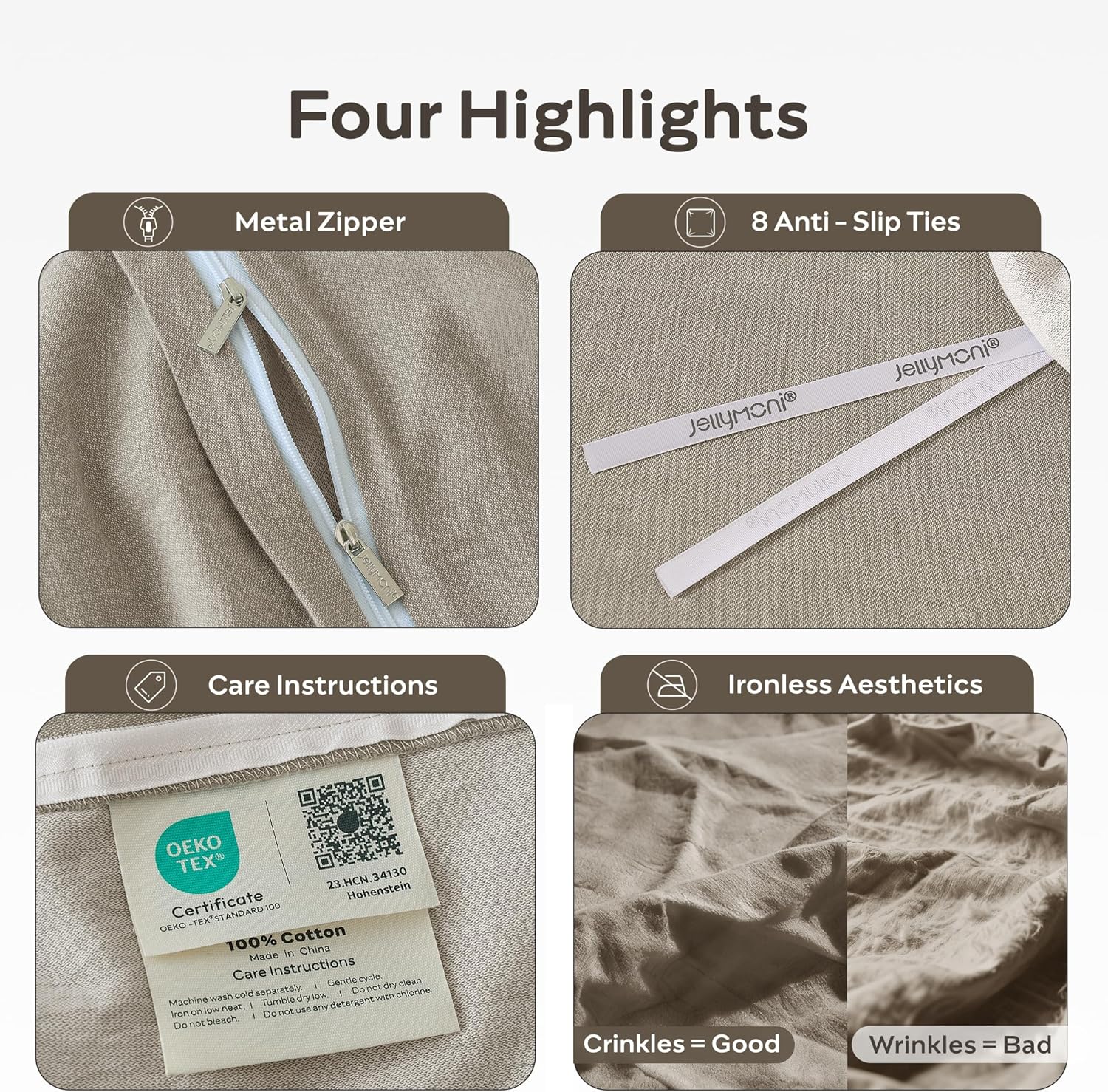 JELLYMONI Washed Cotton Duvet Cover Set King Size, Taupe - Super Soft & Breathable Bedding Comforter Cover with Zipper, for Modern Home, Guest Room, and Everyday Use,1 Duvet Cover & 2 Pillowcases