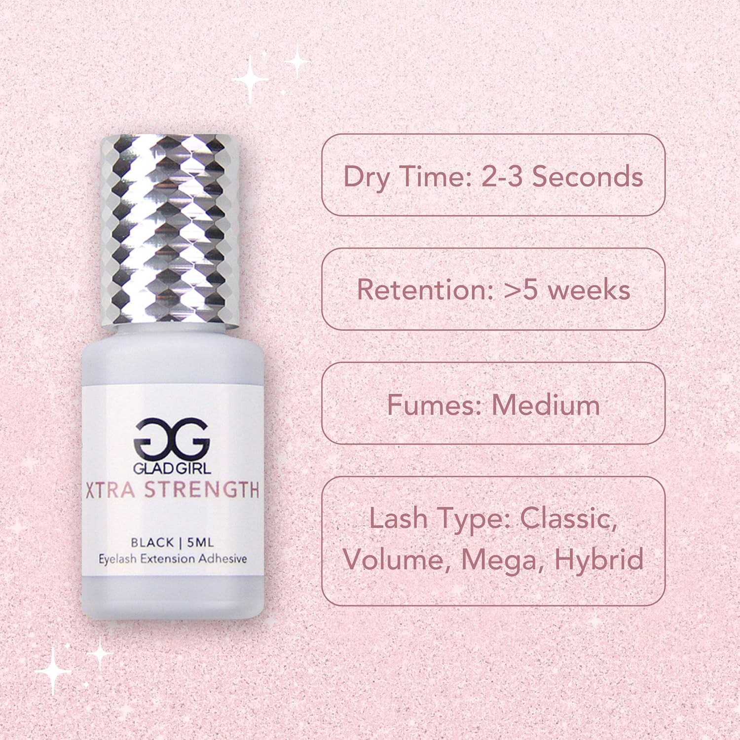 Eyelash Extension Glue by GladGirl |Mega Volume False Lash Adhesive | Quick 2-3 Second Dry Time | Low Viscosity | Extra Strong Hold | 5ml