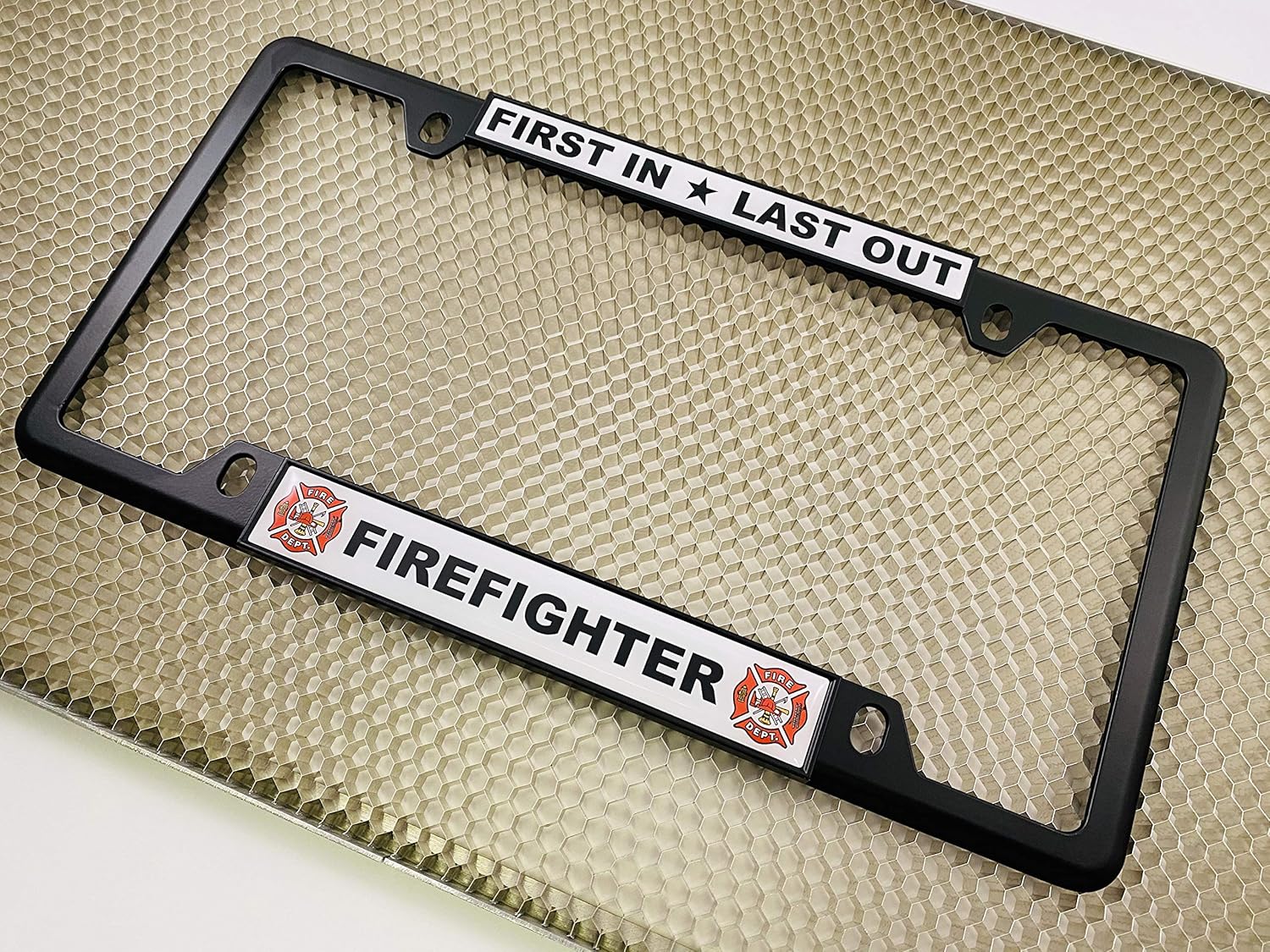 Firefighter - Domed Custom-Made Personalized Narrow (Thin) Top 4 Hole Metal Car License Plate Frame with Free caps - Black (Quantity: 1 Frame)