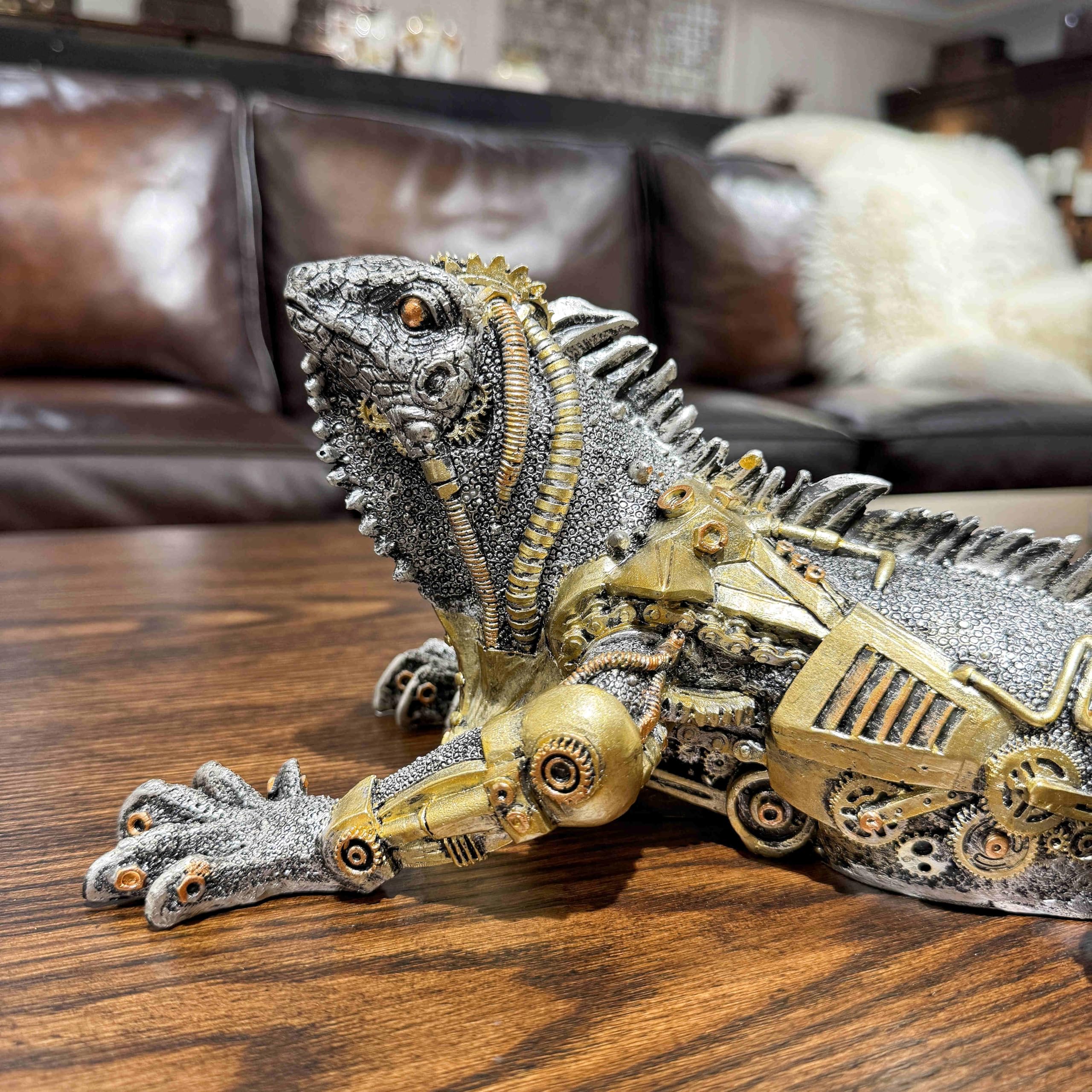 OUTOUR Steampunk Grüne Leguan-Statue aus Kunstharz, Cyborg, Eidechse, Sci-Fi-Sammlerstück, handbemalt, Wandkunst mit Zahnrädern, Heimdekoration, Männerhöhle, Geschenk
