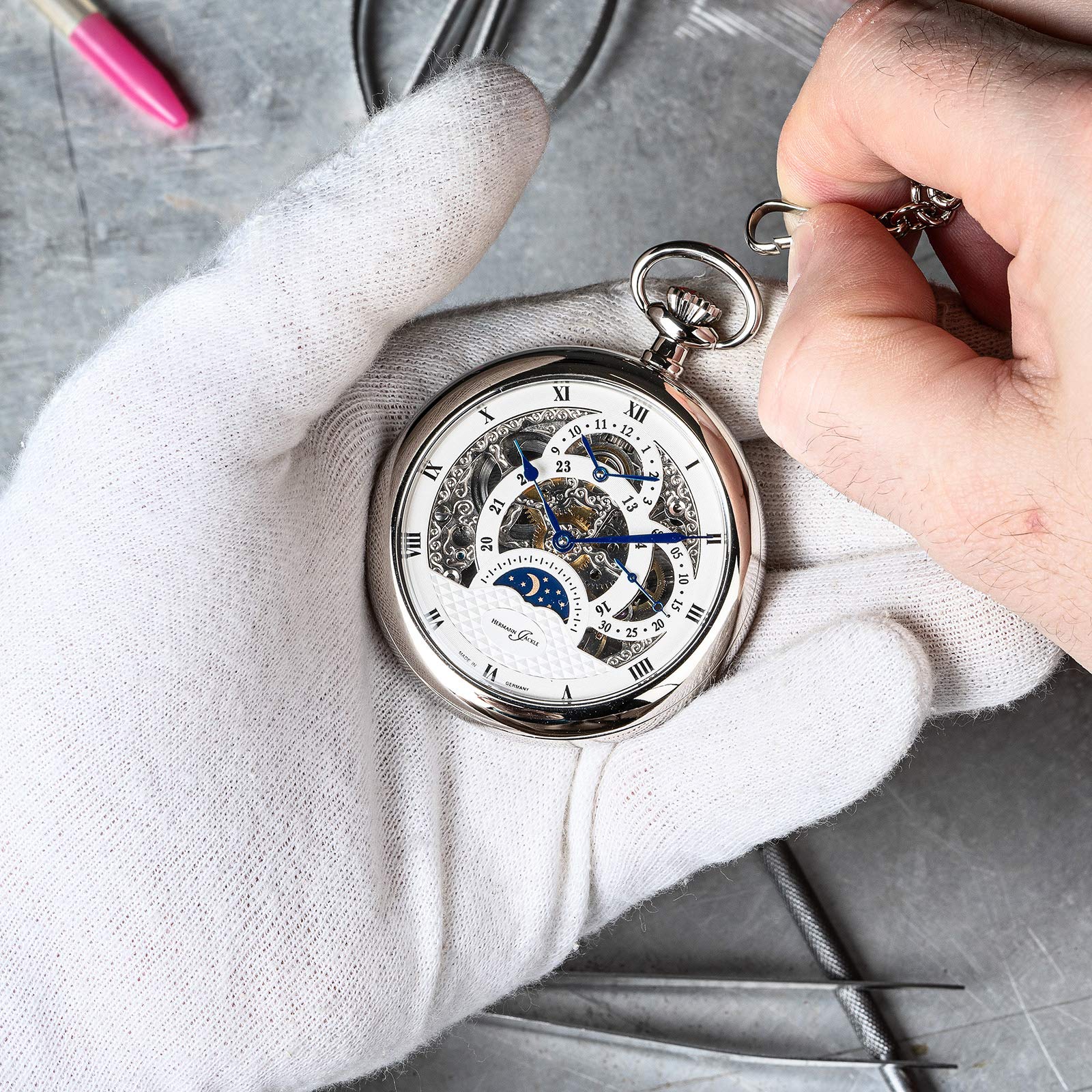 Hermann Jäckle Herren Taschenuhr Tuttlingen II Skelett 50 mm