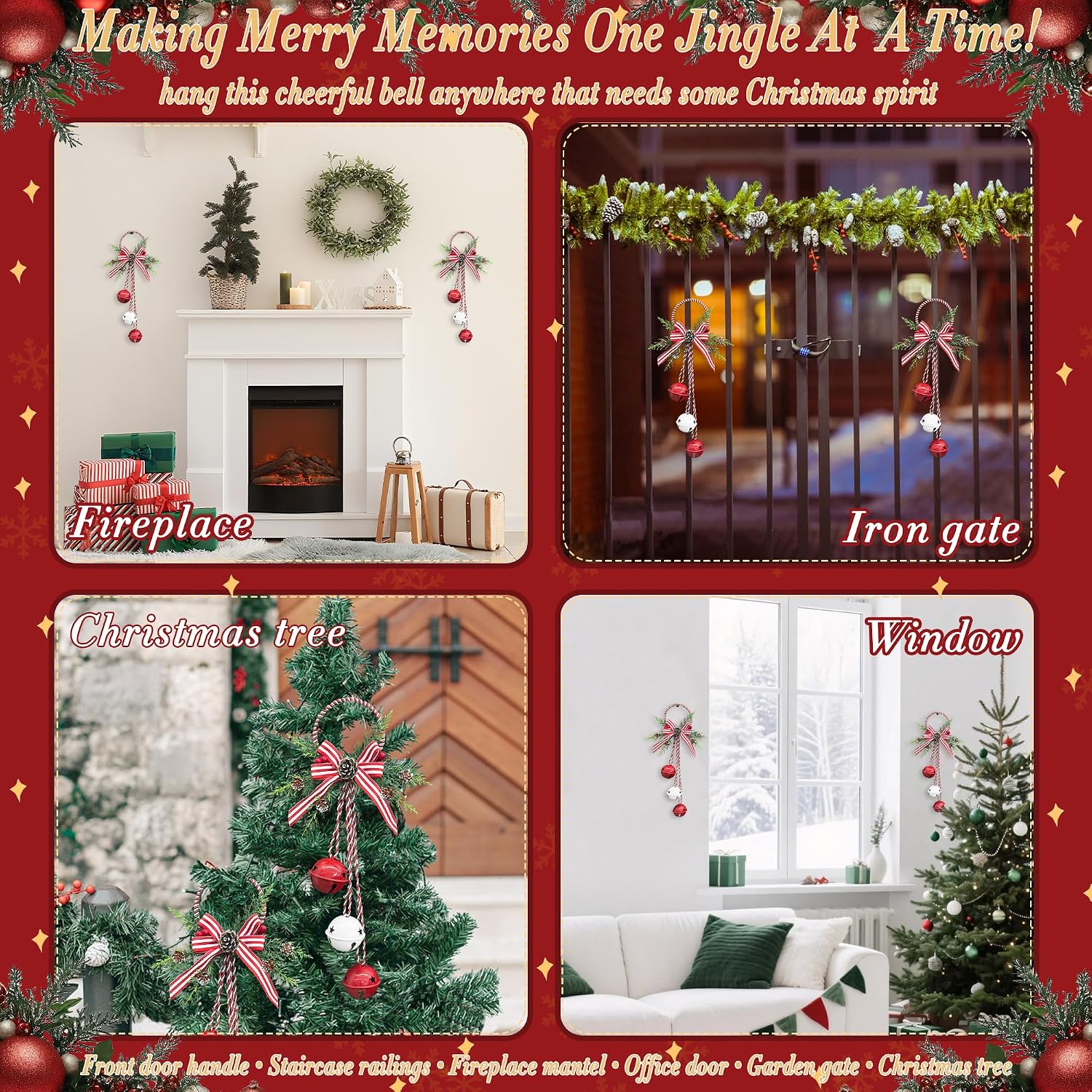 Christmas Jingle Bell Door Hanger with Bow & Pinecones - 17.7" Festive Front Door Handle Decor with Real Bell Sound - Holiday Entryway Decor for Fireplace, Christmas Tree, Wreath