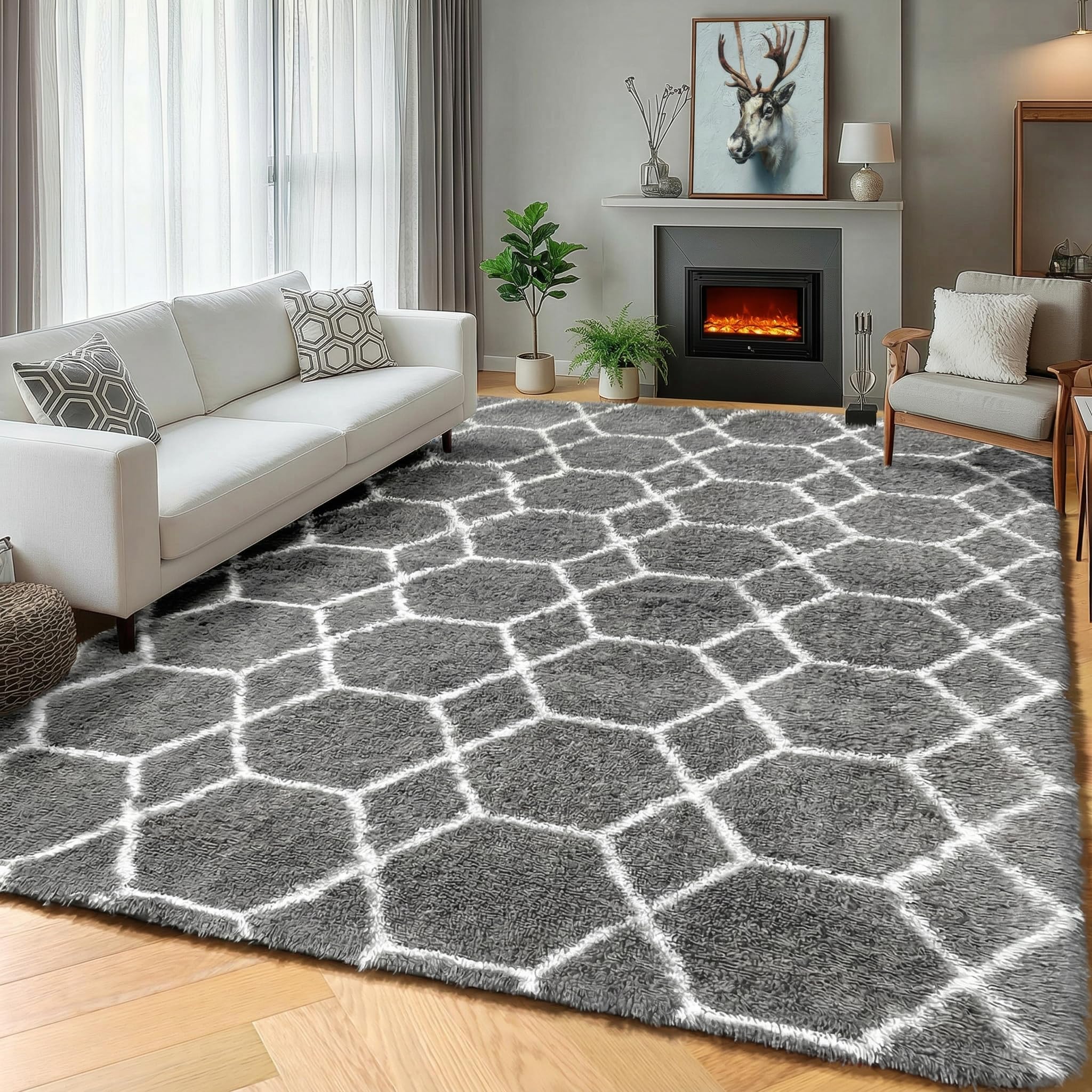 ONASAR Area Rugs for Bedroom Living Room, 4x6 Fluffy Grey and White Floor Rug, Shaggy Geometric Soft Plush Fuzzy Carpet for Nursery Teen Playroom Dorm