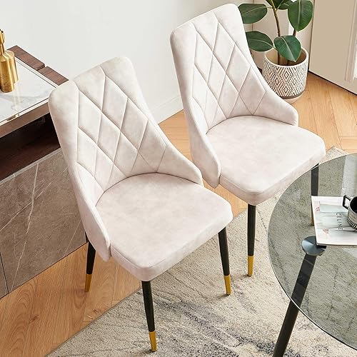 Miniatura 4 de NORDICANA Juego de 2 sillas de comedor tapizadas de terciopelo, sillas laterales sin brazos beige con patas de metal para la cocina del hogar